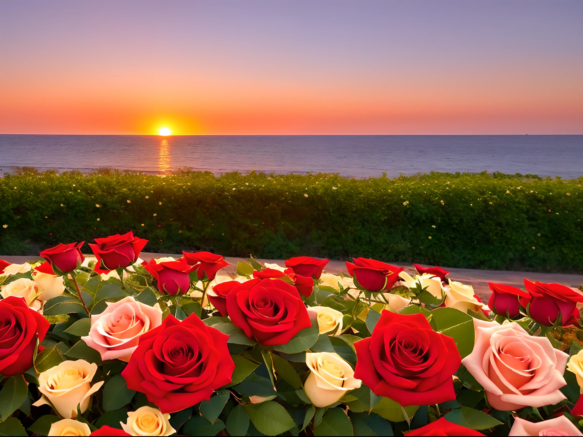 Close-up Shot Shot,Lots of roses,The background is the gorgeous sunset by the sea,Authentic texture,Warm