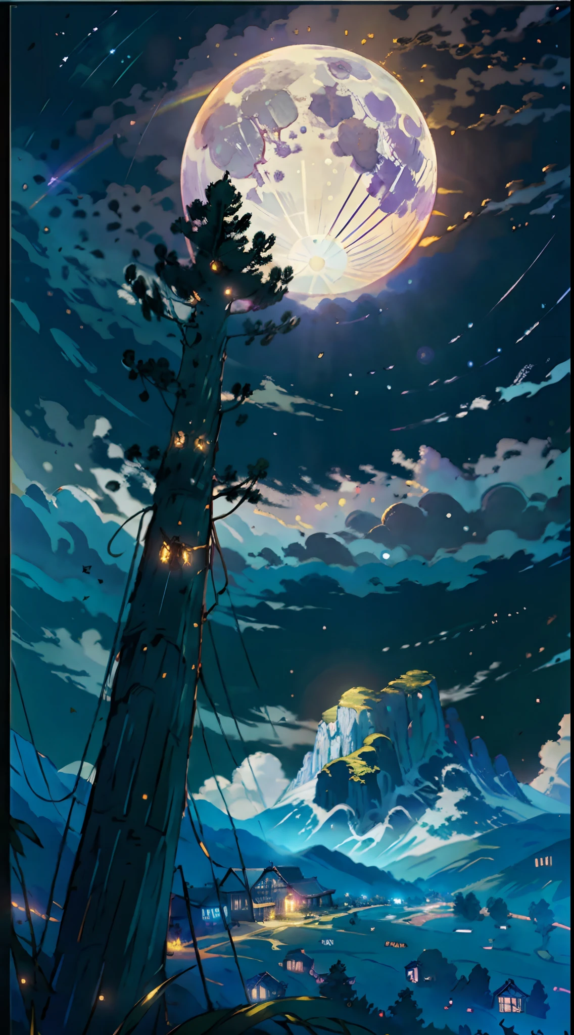 A wide landscape photo, (viewed from below, the sky is above, and the open field is below), a girl standing on a flower field looking up, (full moon: 1.2), (meteor: 0.9), (nebula: 1.3), distant mountains , Trees BREAK Crafting Art, (Warm Light: 1.2), (Firefly: 1.2), Lights, Lots of Purple and Orange, Intricate Details, Volumetric Lighting BREAK (Masterpiece: 1.2), (Best Quality), 4k, Ultra Detailed, (Dynamic Composition: 1.4), Rich in Detail and Color, (Rainbow Color: 1.2), (Glow, Atmospheric Lighting), Dreamy, Magical, (Solo: 1.2)