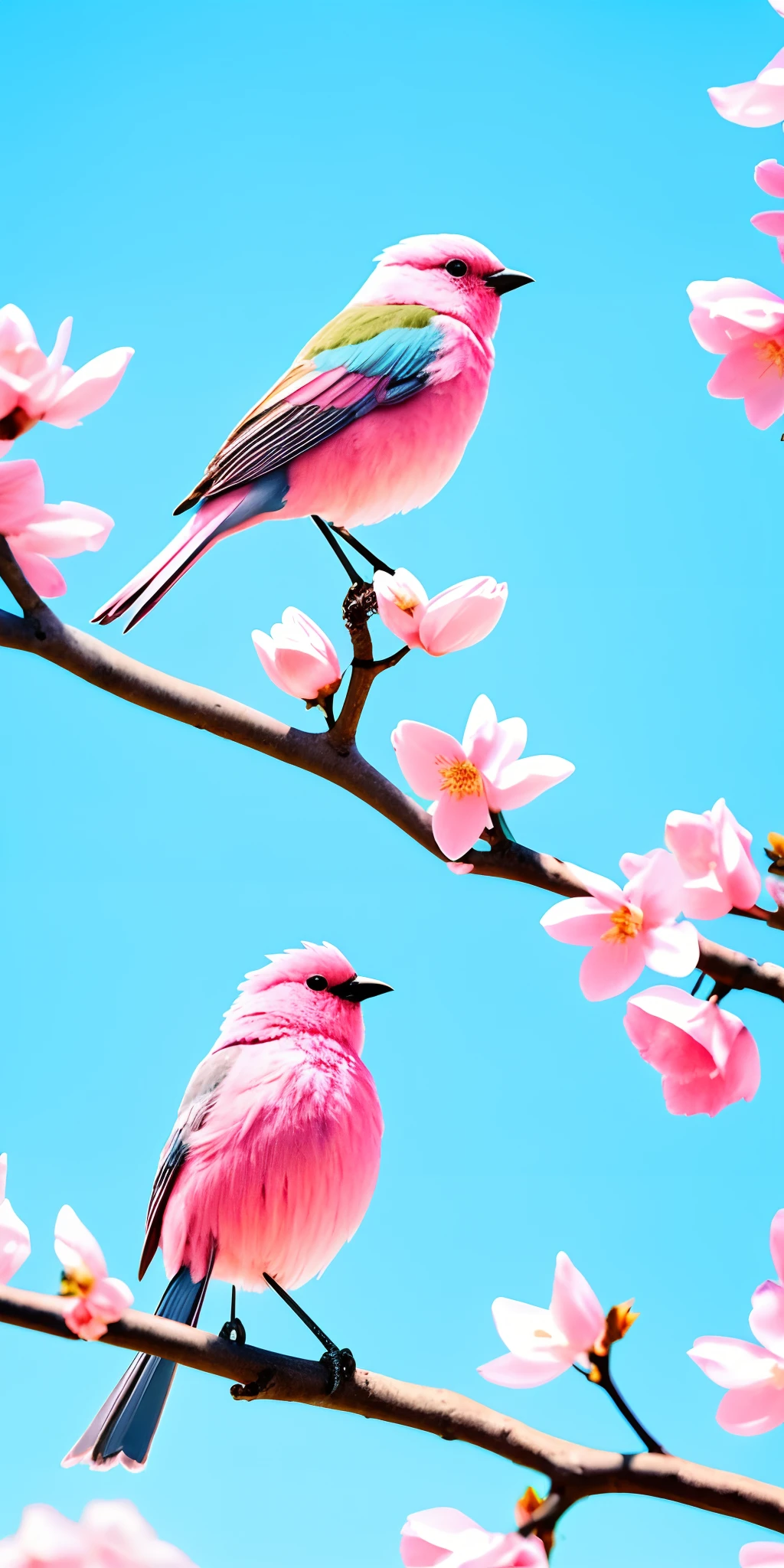 there is a bird that is sitting on a branch of a tree, In pastel colors, in pastel shades, Spring vibes, Pink flowers, blossoming, Pink pastels, shades of pink and blue, Soft blue and pink, pale pastel colours, Beautiful and aesthetic, Soft blue and pink tones, nature and floral aesthetics, Blooming flowers, pastelcolor, in pastel shades