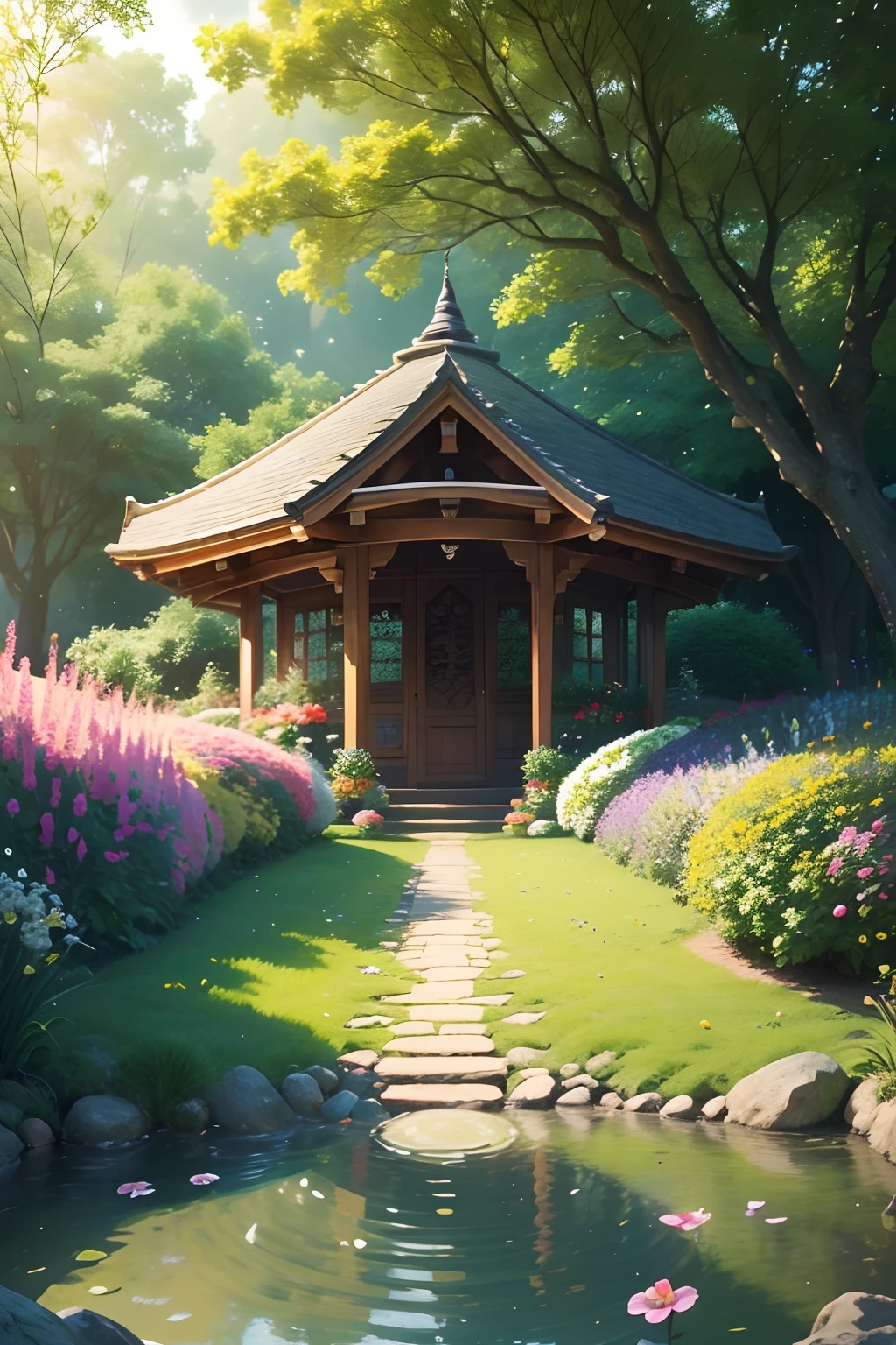 (Best quality,4K,8K,A high resolution,Masterpiece:1.2),Ultra-detailed,(Realistic,Photorealistic,photo-realistic:1.37),Peaceful garden as background,A magical forest with lush flowers,tranquil ambiance,Delicate petals dance in the wind,Colorful flowers cover the landscape,The air is filled with the fragrant scent of flowers,A masterpiece of tranquility in nature,Fantastic setting of lush greenery and vibrant flowers,Capture every flower with intricate detail and precision,A breathtaking symphony of flowers,Fantastic sunny garden,Sparkling dew on petals,Birds chirping happily in the distance,Ethereal soft light through the foliage,The impeccable flower beds create a sense of order and tranquility,Endless flowers are hidden in every corner,The harmony of colors blends together seamlessly,The haven of tranquility invites you to relax and find solace,Botanical paradise,Plants are abundant,Tranquil background for meditation and relaxation,Changing floral tapestry,light breeze,Creates a soothing atmosphere,Stay alive to the buzz of bees and butterflies,Away from the hustle and bustle of everyday life,peacful,The benevolent energy emanating from every plant and flower,Enchanting garden full of love and positive energy.