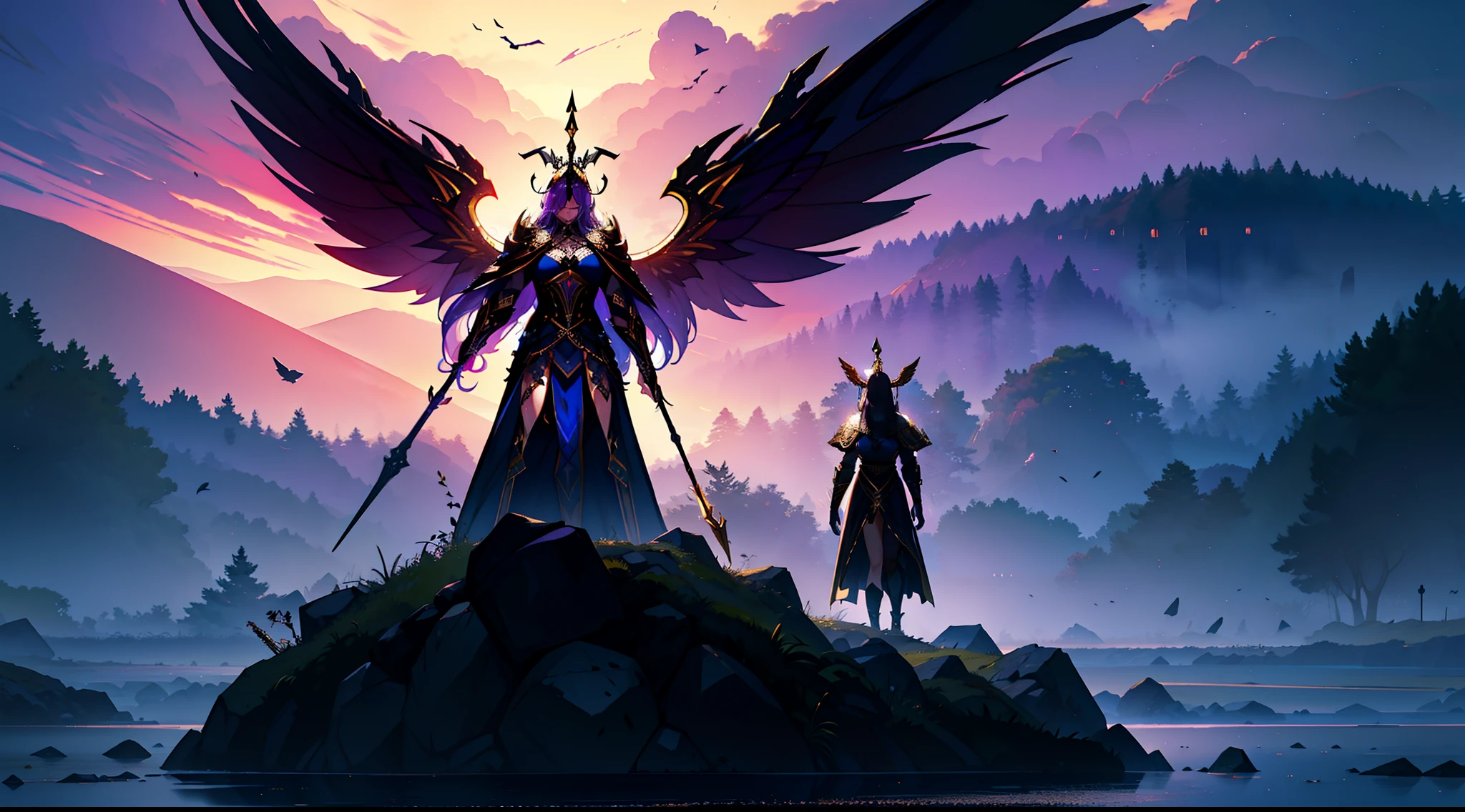 Two faceless giant gods, A dress with a dark robe，Another dress with a white robe, They stretched out their hands to bless the two warriors in front of them, Partisans are smaller people, One wears a black hood，Knotted hairstyle, Stall armor with blue cloth and gold ornaments and angel wings, Another warrior in a black suit, purple flowing hair, The warriors closed their eyes and accepted the blessing, The legs of the gods are shrouded in fog, Water is as hard as the ground, The warrior stepped on the surface above, The sky is a vase，is unlimited, With stars and planets