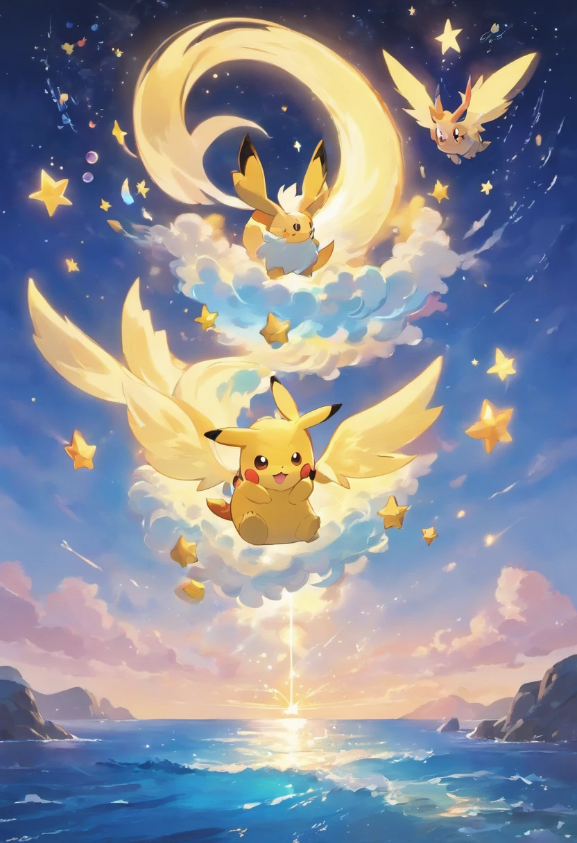 A mesmerizing tableau in ultra-high definition 3D features Lumifox, a mythical Pokémon of your imagination, perched on a cliff overlooking a starlit ocean. Lumifox, intricately designed down to the finest fur, is seen releasing tiny orbs of light from its bushy tail, each symbolizing a whispered secret or untold story. These orbs merge with the stars in the sky, creating an otherworldly, celestial tapestry. The overall atmosphere is mystical, filled with a sense of adventure and the unknown.