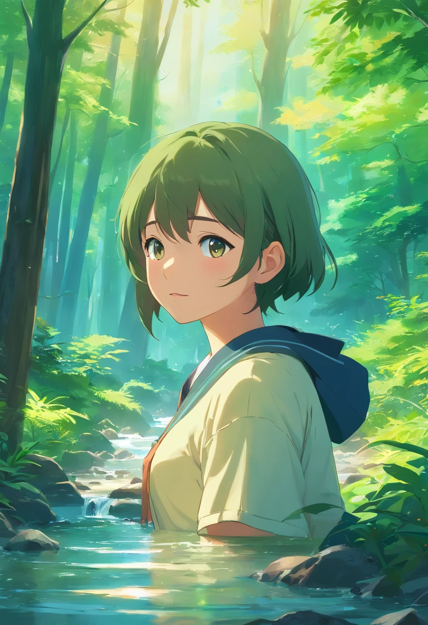 Close-up of a stream flowing through a lush green forest, ross tran. scenery background, ryan dyar, environment painting, Beautiful oil matte painting, photorealistic landscapes, 4k hd matte digital painting, 8 k resolution digital painting, 8k resolution digital painting, hyperrealistic landscape, inspired by Raphael Lacoste, Illustration matte painting, beautiful digital painting
