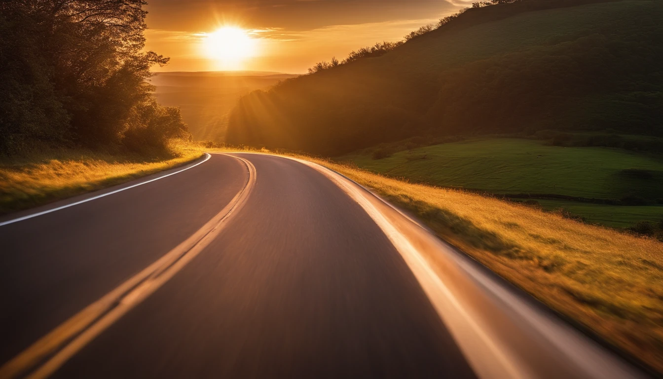 Image of a long and winding road，Bright light leading to the horizon,bright morning，suns rays