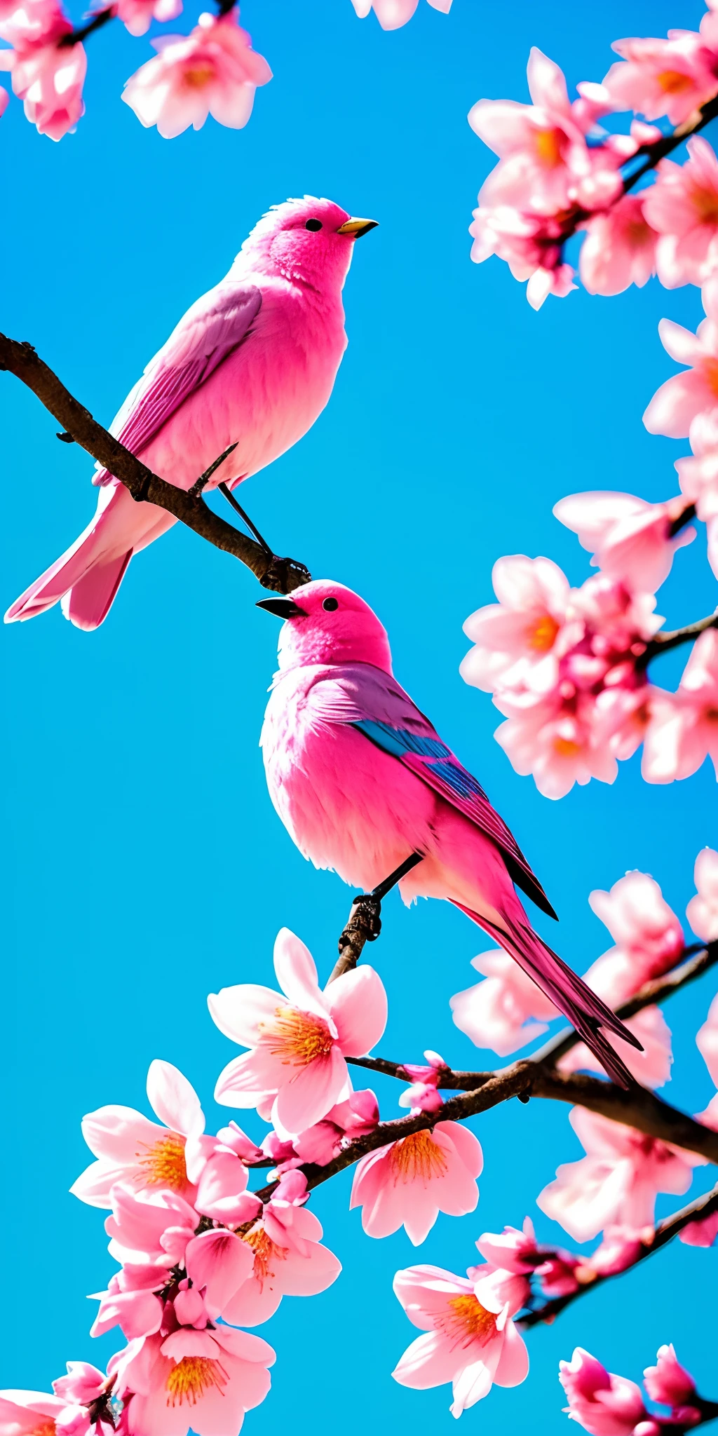 there is a bird that is sitting on a branch of a tree, In pastel colors, in pastel shades, Spring vibes, Pink flowers, blossoming, Pink pastels, shades of pink and blue, Soft blue and pink, pale pastel colours, Beautiful and aesthetic, Soft blue and pink tones, nature and floral aesthetics, Blooming flowers, pastelcolor, in pastel shades