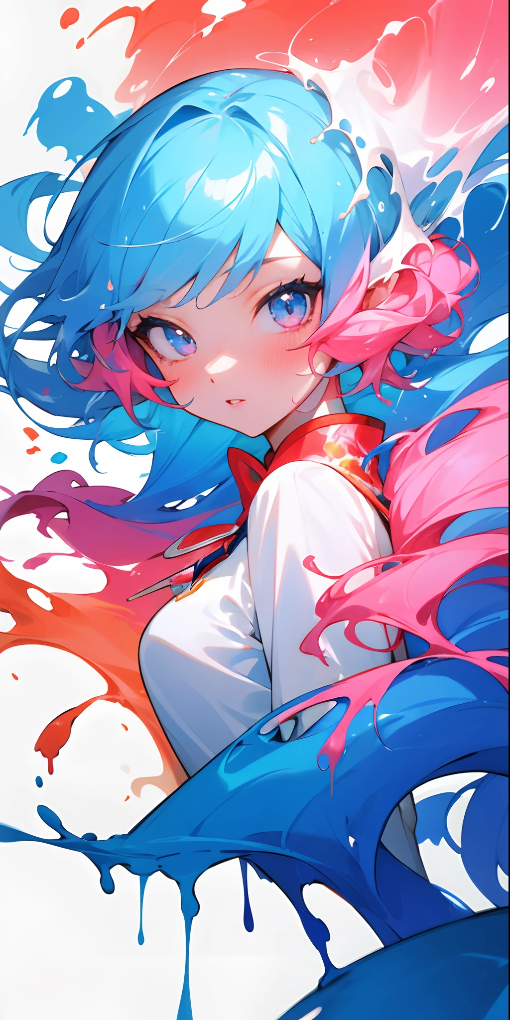 (Masterpiece, best quality, high resolution), white background, acrylic paint, ((Color splash, splash of ink, color splash)), sweet Chinese girl, long light blue hair, [light blue|Pink Hair, Curly Hair , Glitter, Peach Lips, White Shirt, Front, Upper Body