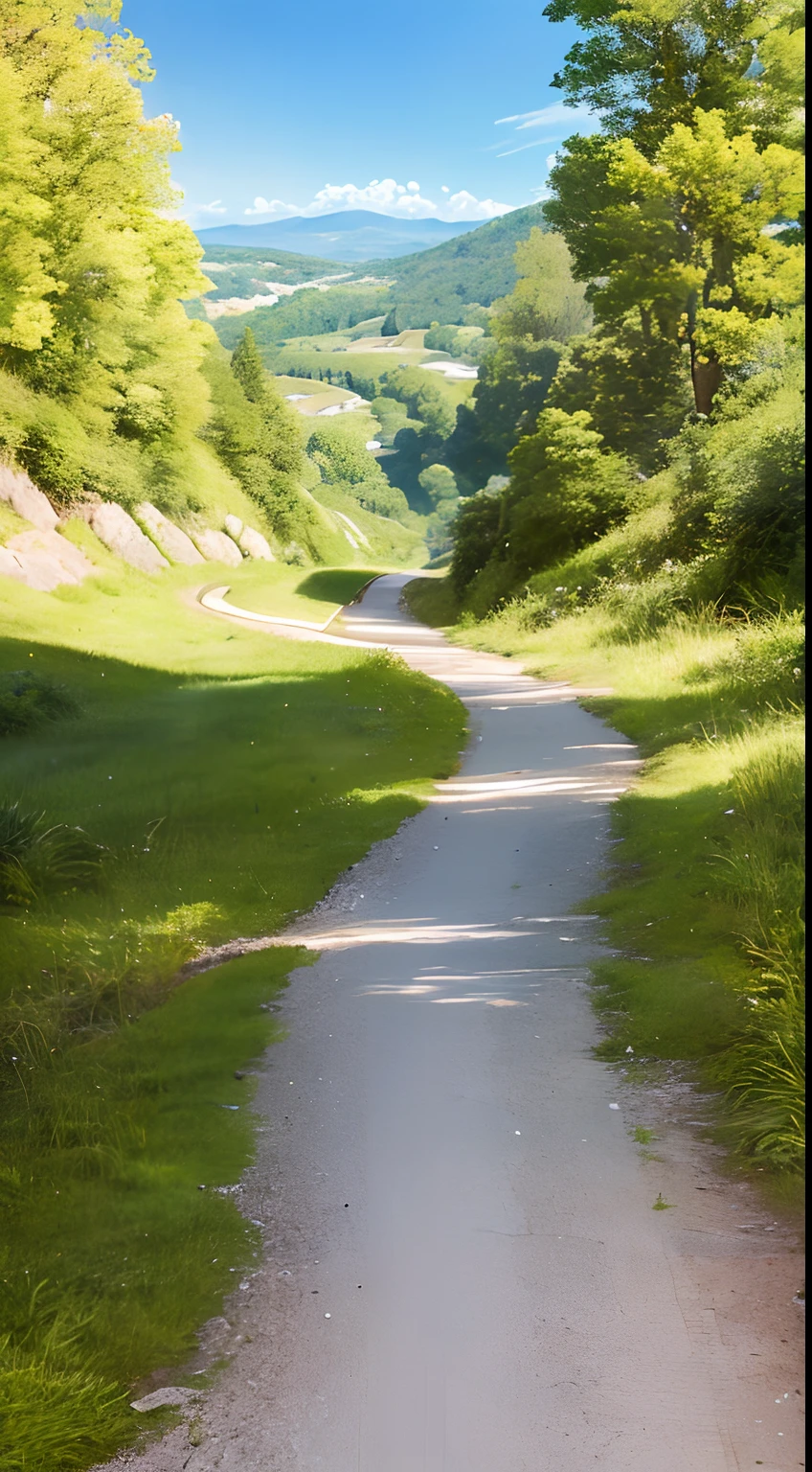 A 31-year-old girl，Walk the winding roads of the countryside，blue-sky、snow mountains，ln the forest，hillside，Quiet，rustic，high definition detail、hyper-detailing、cinematic ligh、ultra-realistic realism、Soft light、Deep field focus bokeh、Ray tracing and surrealism。 --v6