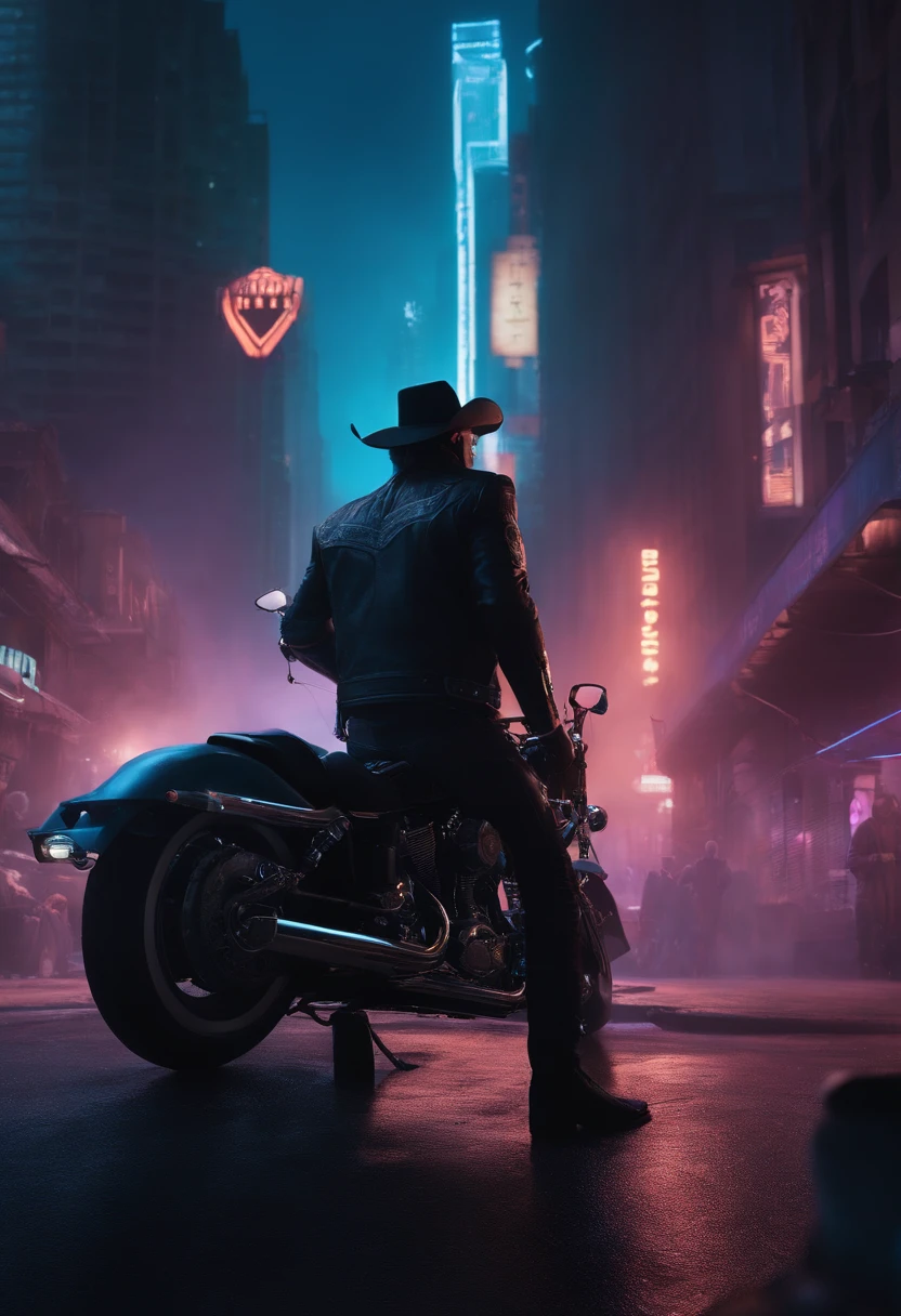 (Best Quality,4K,8K,alto,Master Parts:1.2),ultra-detailliert,Realistic,Cyberpunk Sheriff Johnny Cash,Glowing neon lights,Leather jacket,Cybernetic arm,Cowboy Hat,expressive eyes,Silver stubble,Sandy cityscape,Retrofuturistic settings,Streets filled with smoke,reflective sunglasses,Dystopian atmosphere,Music-themed tattoos,electric guitar,barbed wire,Technology Enhancement,Bionic implants,Weapons of the future,Steel Spurs,Stone Jungle,Night Adventure,High-tech revolver,Fierce determination,Boiled detective,Western-style cyberpunk,Dark and moody color palette,Flares in blue and purple tones,Dynamic lighting,Heavily modified motorcycles,Metallic Detail,Fast-paced action,Smoky alleys,Impending skyscrapers,Artificial Intelligence Companion,Crowded nightclubs,Holographic Billboard,Explosions of bright colors,Sepia Memories,Justice in disguise,Sharper shadows and enhancements,High-contrast visuals,Retro analog atmosphere,Lone wolf in a big city,Mixing past and future,Merciless wasteland,Power Spike,Techno Music Soundtrack,Backlit silhouette,Aura of rebellion.