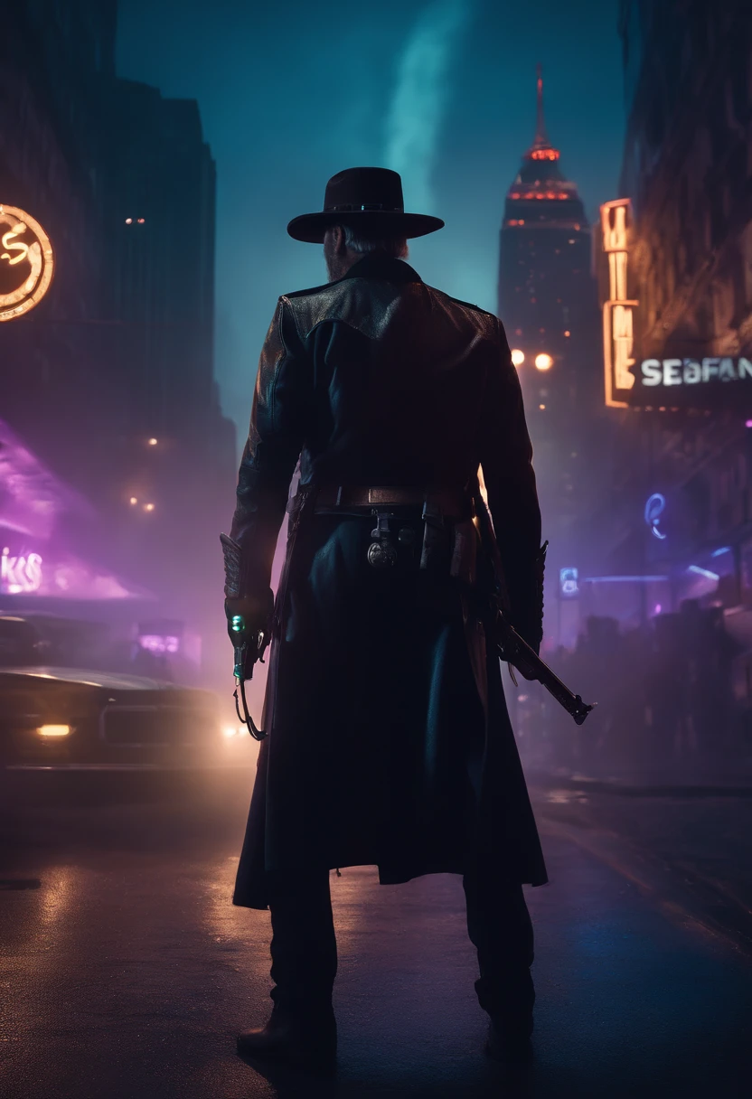 (Best Quality,4K,8K,alto,Master Parts:1.2),ultra-detailliert,Realistic,Cyberpunk Sheriff Johnny Cash,Glowing neon lights,Leather jacket,Cybernetic arm,Cowboy Hat,expressive eyes,Silver stubble,Sandy cityscape,Retrofuturistic settings,Streets filled with smoke,reflective sunglasses,Dystopian atmosphere,Music-themed tattoos,electric guitar,barbed wire,Technology Enhancement,Bionic implants,Weapons of the future,Steel Spurs,Stone Jungle,Night Adventure,High-tech revolver,Fierce determination,Boiled detective,Western-style cyberpunk,Dark and moody color palette,Flares in blue and purple tones,Dynamic lighting,Heavily modified motorcycles,Metallic Detail,Fast-paced action,Smoky alleys,Impending skyscrapers,Artificial Intelligence Companion,Crowded nightclubs,Holographic Billboard,Explosions of bright colors,Sepia Memories,Justice in disguise,Sharper shadows and enhancements,High-contrast visuals,Retro analog atmosphere,Lone wolf in a big city,Mixing past and future,Merciless wasteland,Power Spike,Techno Music Soundtrack,Backlit silhouette,Aura of rebellion.
