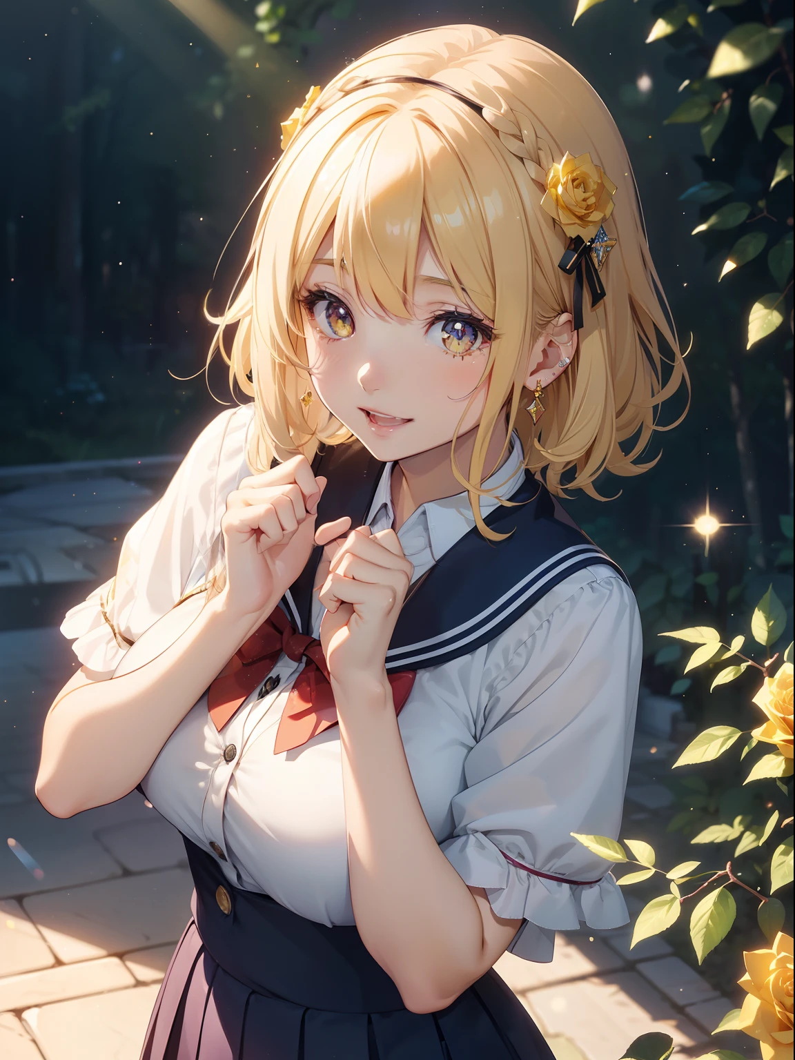 masutepiece, High resolution, 8K, anime woman, Delicate and detailed writing 、Detailed digital illustration、Short hair、perm、Shiny hair、Bangs、a very beautiful woman、Eyes are double, Large, Bust is D cup、High image quality, High quality、Detailed background、((Evening school background))、The inside of the eye shines like a diamond、Light yellow hair、Gradient pupil、(((2 arms、4 fingers, 1 thumb)))、Detailed female face、Very beautiful and cute woman、、细致背景、masterpiece、Soft Focus , Bright gradient watercolor , Lens Flare , (((Glitter))) , Glow , Dreamy , Yellow Ribbon、((Very beautiful yellow rose hair accessories))、((Straight at the angle of the front))、(School Uniforms:1.2)、Laughing with open mouth
