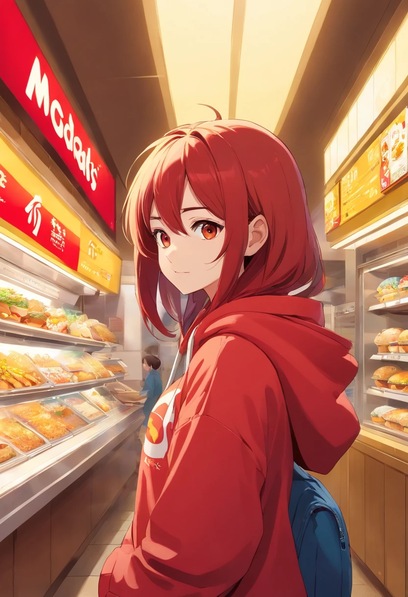 1 girl, McDonald's theme, McDonald's style, red long hair, yellow hoodie