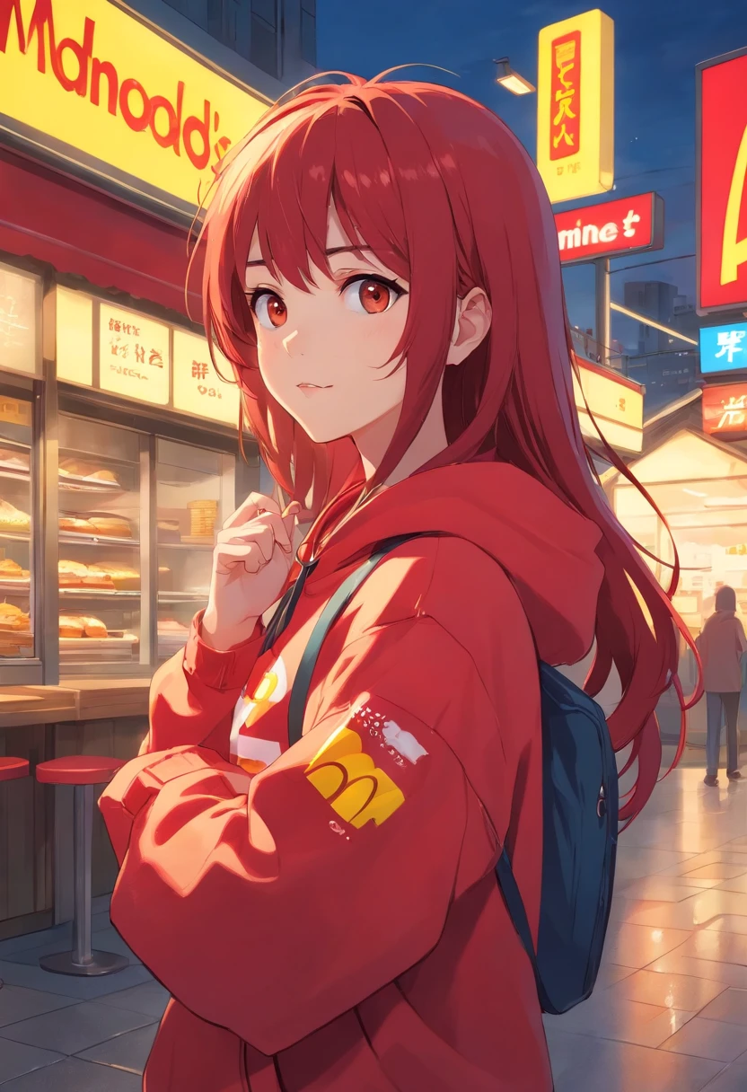 1 girl, McDonald's theme, McDonald's style, red long hair, yellow hoodie