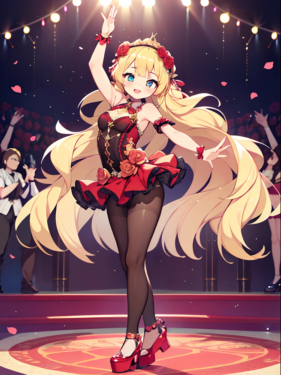 Colorful , masutepiece, Best Quality, 1girl in, blonde hair, very long hair, straight hair, blonde clothes, shiny clothes, sexually flattering clothing, bodycon, body conscious, platform shoes, sheer tights, bewitching smile, stylish pose, dancing, on dance stage, rose accessory, rose headdress, full body, wavy hand, runway,