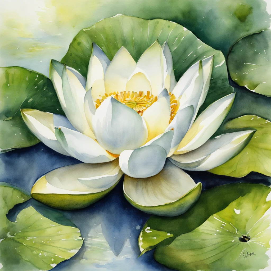 White lotus, There are green stems and leaves, On the surface of the water, ink and watercolor painting, symmetry, god rays, ray tracing, UHD, masterpiece, high details, super detail, high quality, best quality, highres, 16k