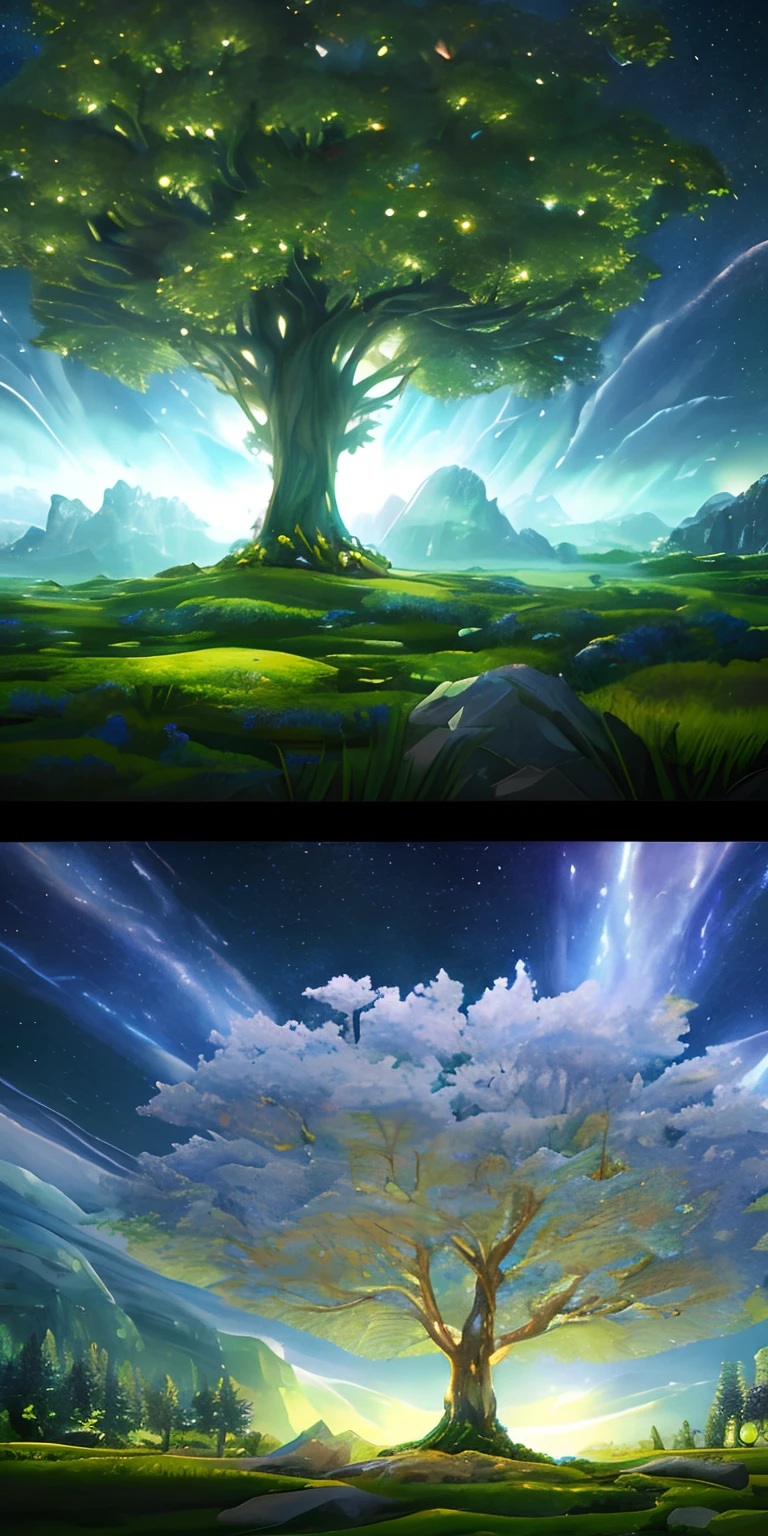 Illustration of a surreal, otherworldly, hyper sky scene including a giant crystal tree full body, highly detailed and magical lighting, intricate forest details, vegetation and surrounding river, solar punk, landscape, giant tree , beautiful green leaves, beautiful lighting and realistic proportions, as if this is a movie background, 8k, highest quality, masterpiece, clouds and stars in the sky.