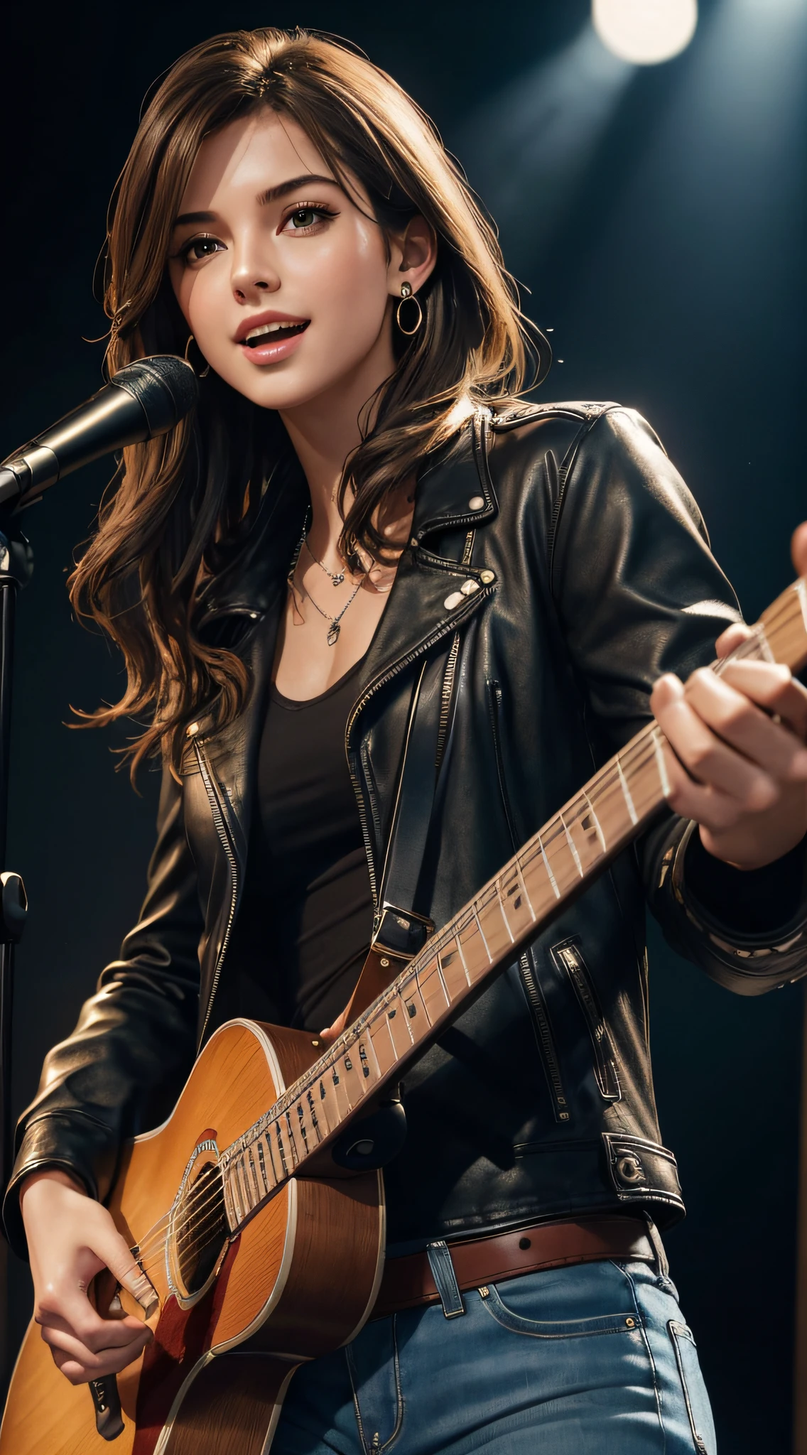 (Masterpiece:1.3, Best quality, Photorealistic, Ultra-detailed, finely detailed, high resolution, 8K wallpaper), 1 beautiful girl, Lead singer of the band group, In a leather jacket, Sing with an electric guitar, standing microphones, Mouth open, Beautiful face, Detailed face, Beautiful eyes, Detailed eyes, Smiling, Earrings, necklace, Detailed guitar, (Straight guitar neck and strings), Medium length light brown hair, be on stage, spotlight, Look at the viewer
