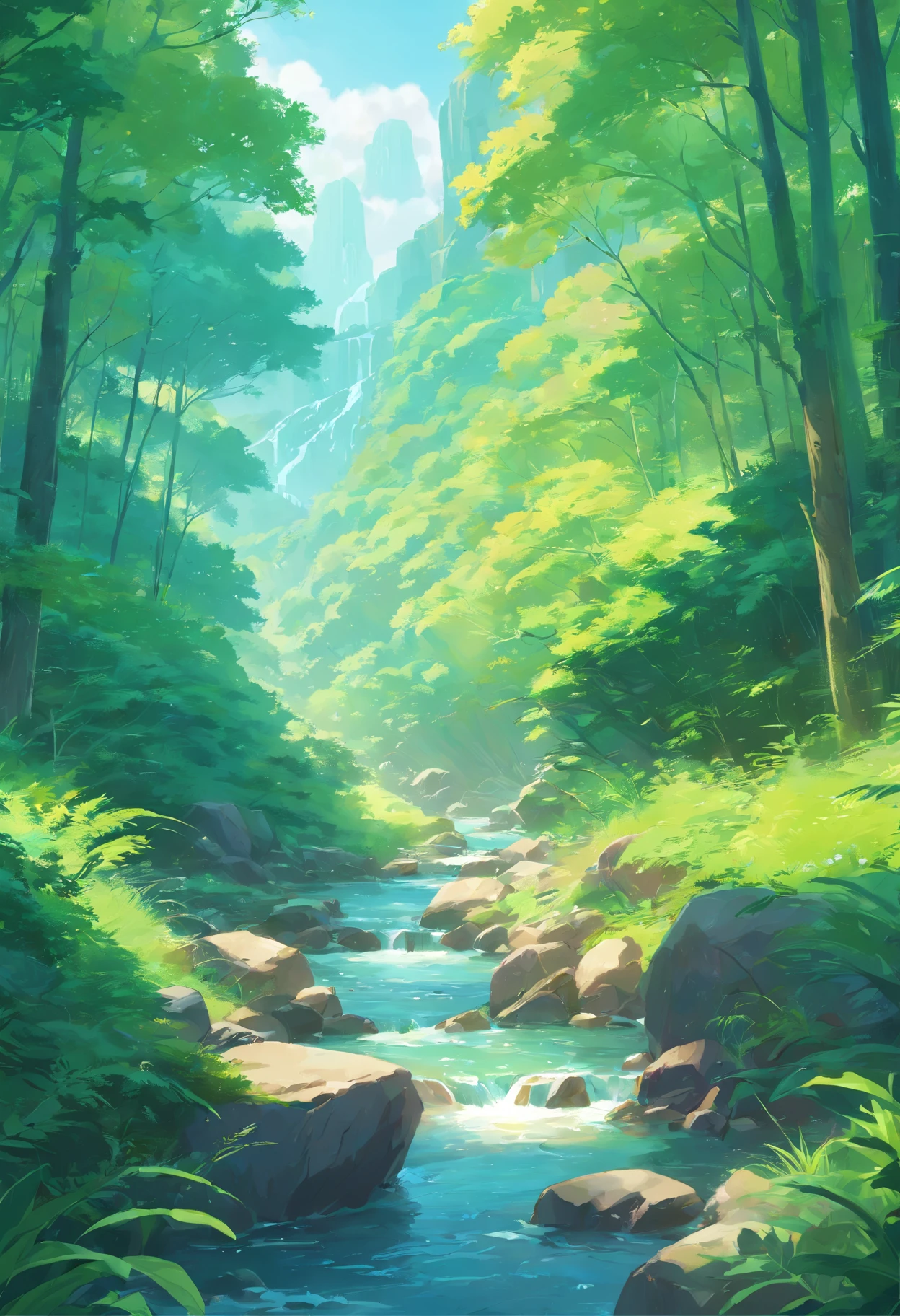 Close-up of a stream flowing through a lush green forest, ross tran. scenery background, ryan dyar, environment painting, Beautiful oil matte painting, photorealistic landscapes, 4k hd matte digital painting, 8 k resolution digital painting, 8k resolution digital painting, hyperrealistic landscape, inspired by Raphael Lacoste, Illustration matte painting, beautiful digital painting