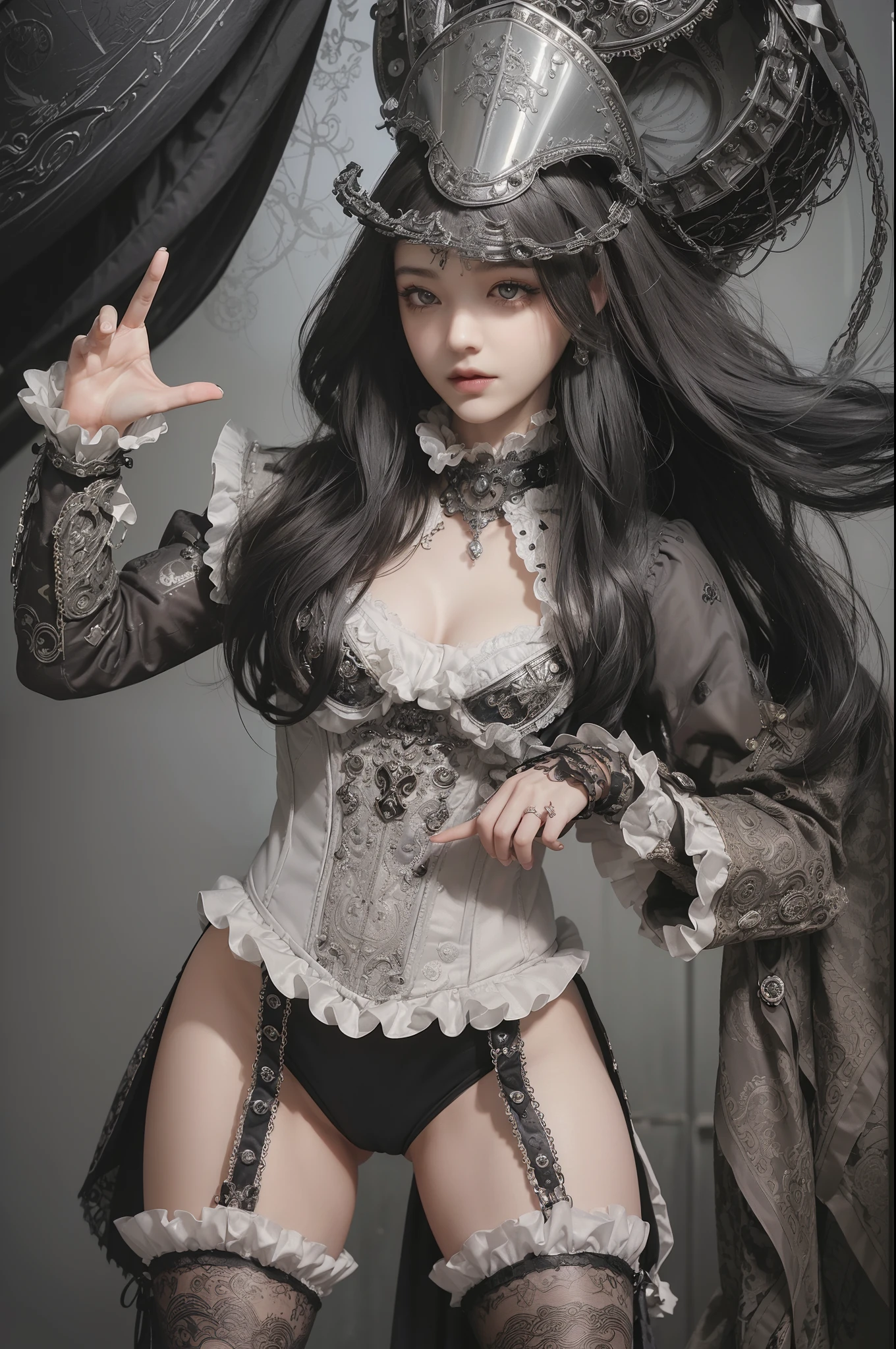 (((Masterpiece, top quality, super detailed))), (((( very detailed face))), small thin nose, small thin lip mouth, (((very sharp focused eyes))), very large slit precise pale gray eyes shining like jewels. Very long eyelashes, long black hair with black vertical curls, thick bangs, vertically curled princess cut, (((very decorative gothic lolita fashion meets overdecorated steampunk fashion))), very dramatic and cinematic lighting, (((overall accuracy has improved dramatically, creating a super detailed and realistic and realistic images))).