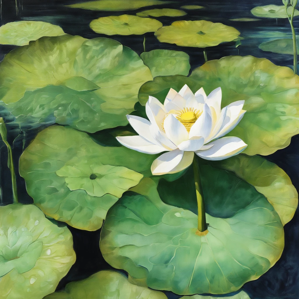 White lotus, There are green stems and leaves, On the surface of the water, ink and watercolor painting, symmetry, god rays, ray tracing, UHD, masterpiece, high details, super detail, high quality, best quality, highres, 16k