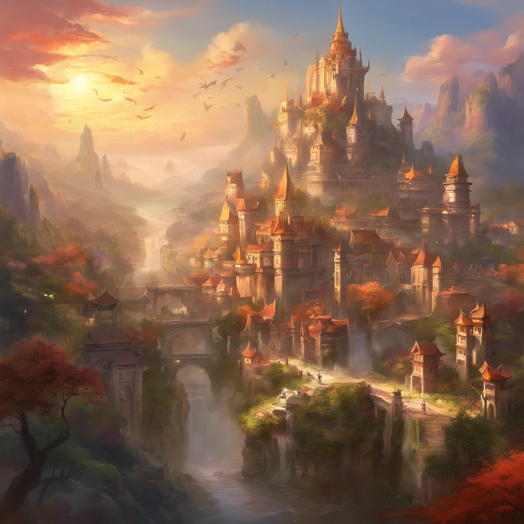 medeival fantasy town, massive city, Beautiful city with gardens, monuments, Palace and beautiful building, A magnificent city of dreams,Be Chinese。
