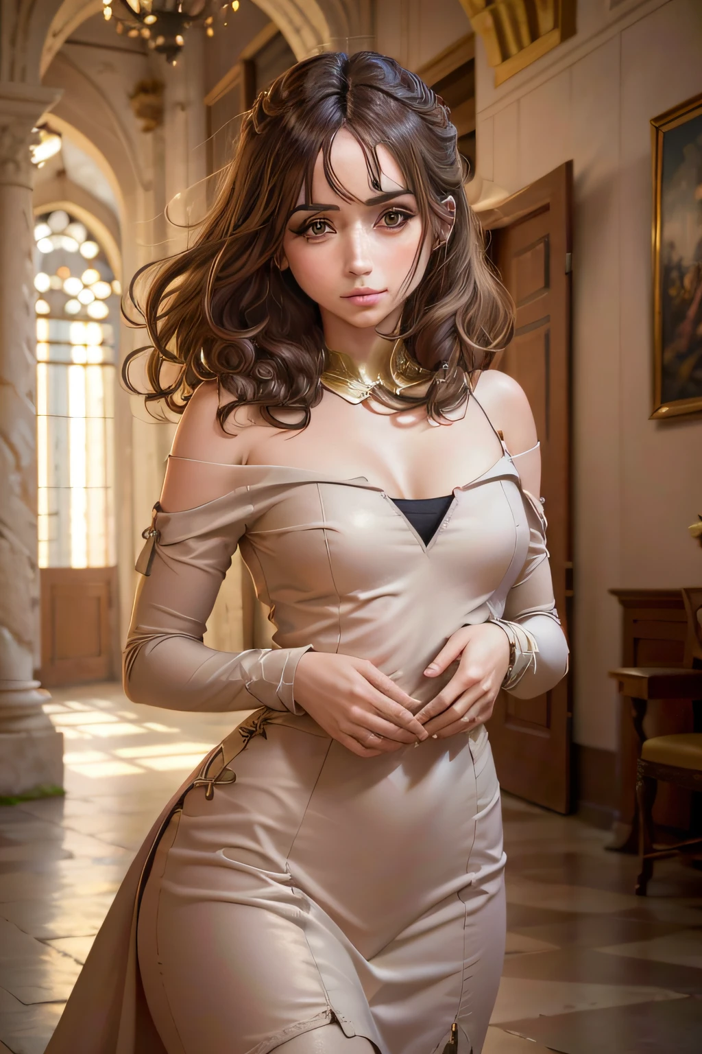 Ana De Armas, Imagen hiperdetalizada y de alta calidad, Una joven de hermosa apariencia eslava, brown hair with gray eyes, Perfil de nariz recto, cejas finas, cara ovalada regular, en un traje ruso con piedras preciosas, Joyas de oro en su cuello, manos en la cabeza y orejas, full-length, sosteniendo queso en su mano, de pie contra el fondo del monasterio Ipatiev de la ciudad Kostroma es la cuna de la Casa Romanov, This photograph, tomada con la Nikon D, gives the impression of serenity and peace, leaving you calm and relaxed