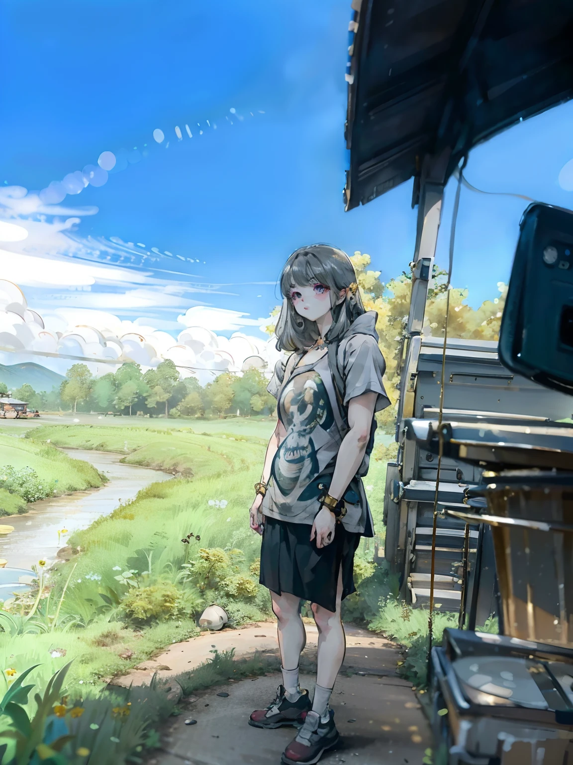 Ultra High Quality,8K,1girl in,round large chest、((round big buttocks))、white tank tops、Clothes with a protruding navel、(Golden hair:1.5))、angry、People with Japan々The beauty of、long lashes、((Gray eyes:1.4))、in the bus、pleatedskirt、Angle from above、Turn away and turn around、stick out buttocks、undergarment