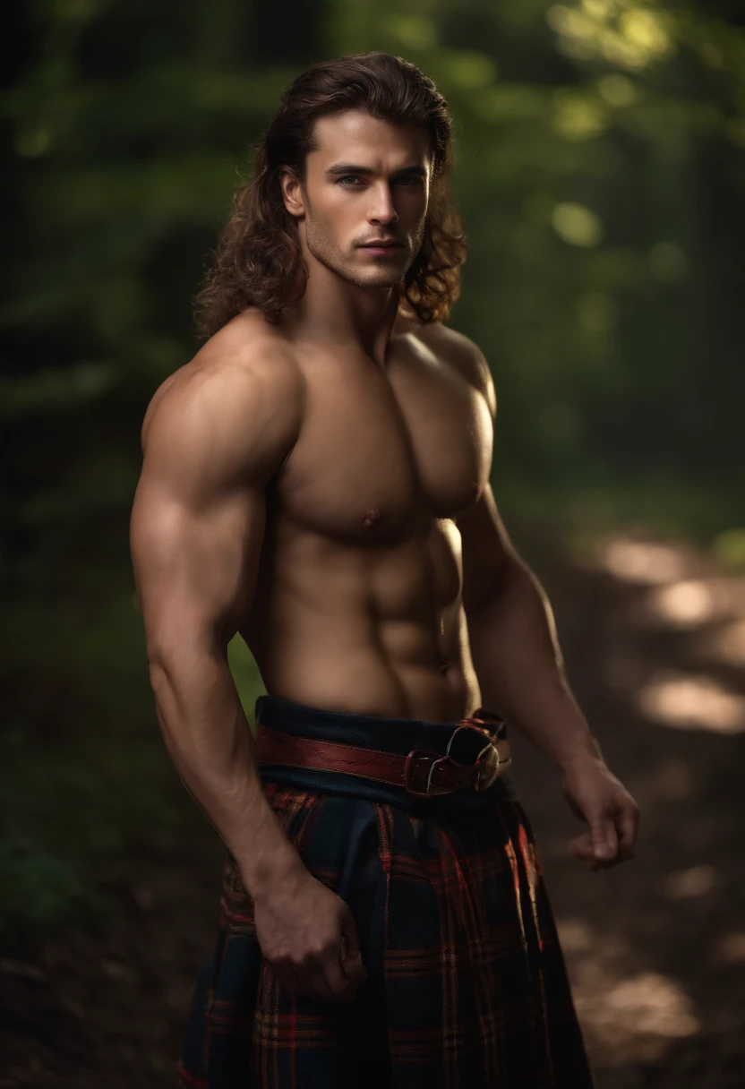 8k, masterpiece, RAW photography, best quality, photorealistic, highly detailed CG unity 8k wallpaper, depth of field, cinematic light, raw, (extremely beautiful and charismatic face, beautiful lips, beautiful eyes), intricately detailed face, (ultra detailed skin), 1 man, in nature, in deep shadows, beautiful young scottish male, (very strong and muscular body:1.3), (topless), (great determined look) :1.3), (shirtless), (highlands, dark night, starry night, blurred background), barechest, tartan kilt, long brunette hair, full-body, dramatic light, storm