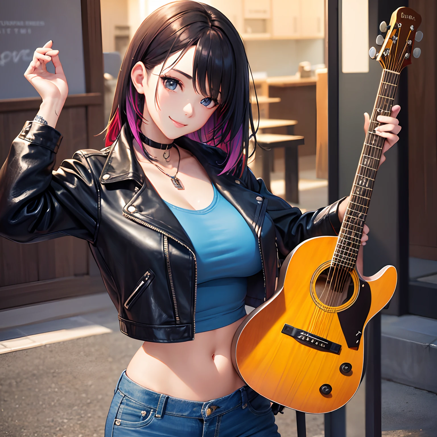 girl with、Carry the guitar on your back、leather jackets、jeans、a smile、a beauty girl、multicolored hair、top-quality、Long、huge tit、modeled、Excellent style、HD Images、hyperdetailed face、super-detaild skin