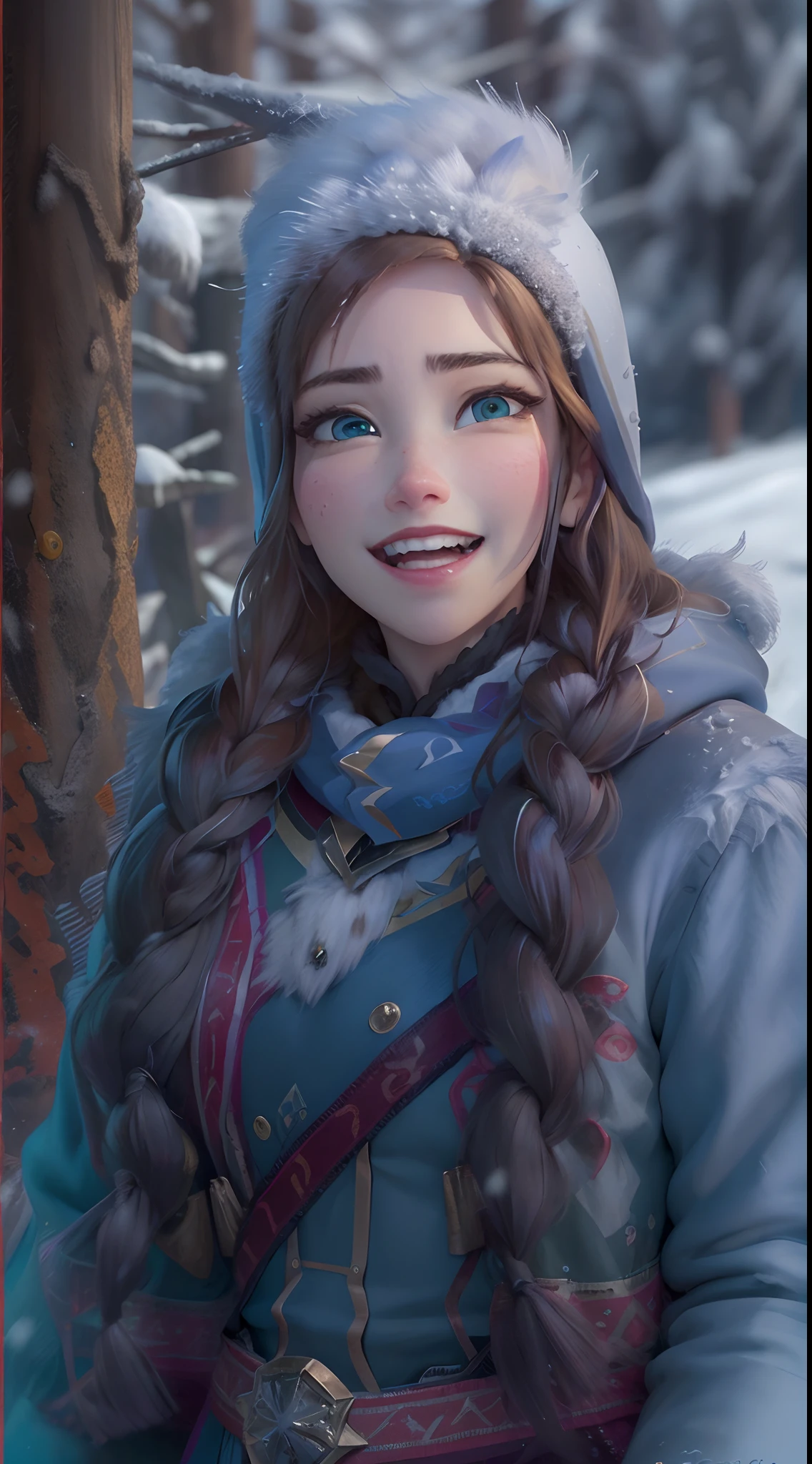 (obra maestra:1.4), (mejor calidad:1.4), (High resolution:1.4),
Ana de Arendelle,congelado,Reinado del hielo, Purple cap, trenzas gemelas, Winter Mountain Costume,
Outdoos, hielo, invierno, nieve, bosque,
mirando al espectador, They are smiling, fotorrealista, Renderizado de octanaje, motor irreal, ultrarrealista,motor irreal:1.4,UHD,La mejor calidad:1.4, fotorrealista:1.4, textura de la piel:1.4, obra maestra:1.8,(nieve:1.4),(Copo de nieve que cae:1.4),