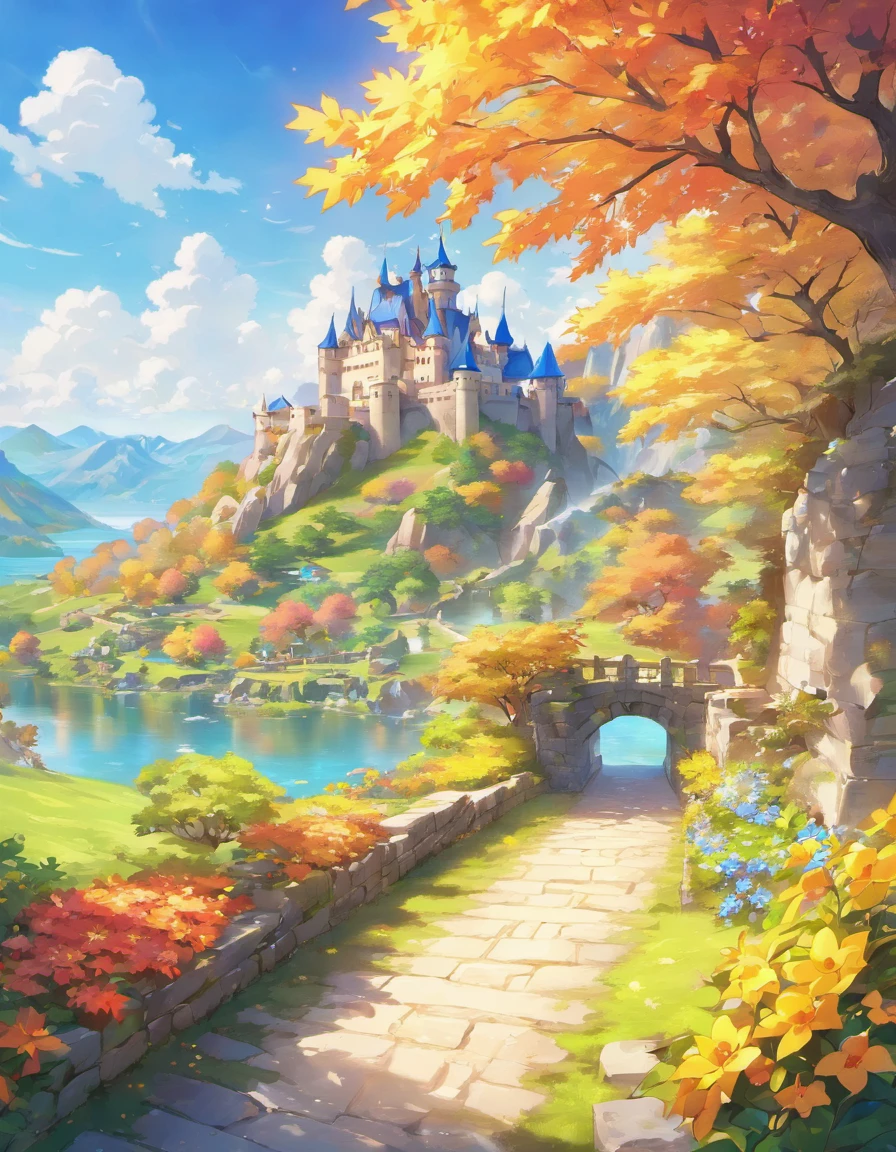 A painting of a castle on a hill with a lake in the foreground - SeaArt AI