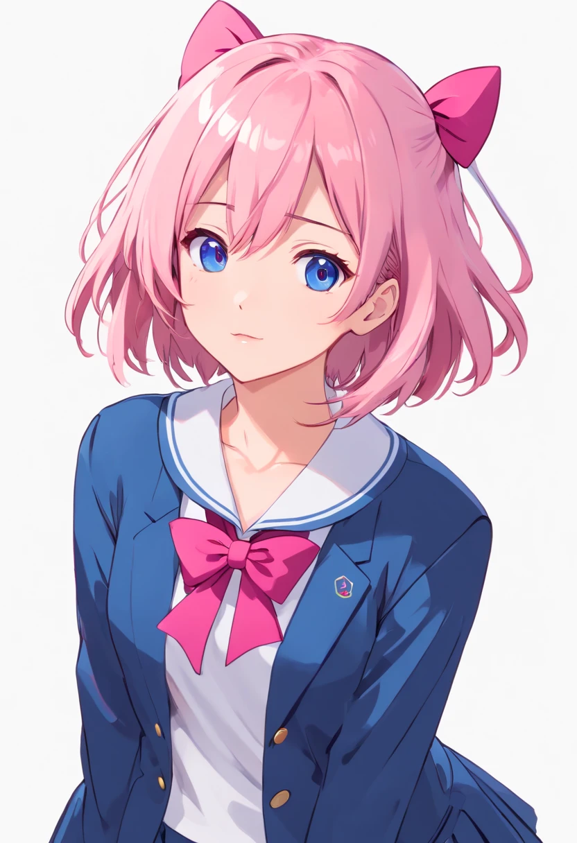 pink color hair, happy, short pink hair, straight bangs, pink color eyes，Beth，Spiritual world,((masterpiece)),((best quality)),Koharu Rikka, 1girl, jacket, (solo:1.6), hair ornament, pink eyes, bow, bowtie, pink bowtie, blazer, pink bow, looking at viewer, grey sweater, blue school uniform, sweater, blue pleated miniskirt , (simple background:1.6), (white background:1.6) (photorealistic, realistic,:1.1) dynamic angle, random pose,(✨🤟😁👍🙌✨❗🙏✨🙏✨🎼🎶👉😁👈:1.1)