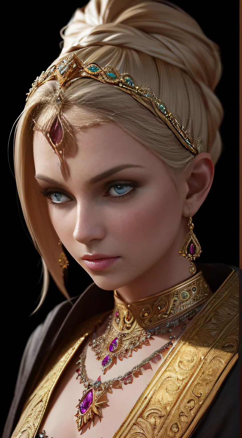 ((Full-pageconcept-art, Project Sheet, 3 dBlender: 1)), Women's jewelry in the Slavic style, a gold, silver, gems, 3d модель, depth, many details,  ((extreme hight detail)),(Ultra-detailed),(painting), chiaroscuro, extremely detailed CG unity 8k wallpaper,