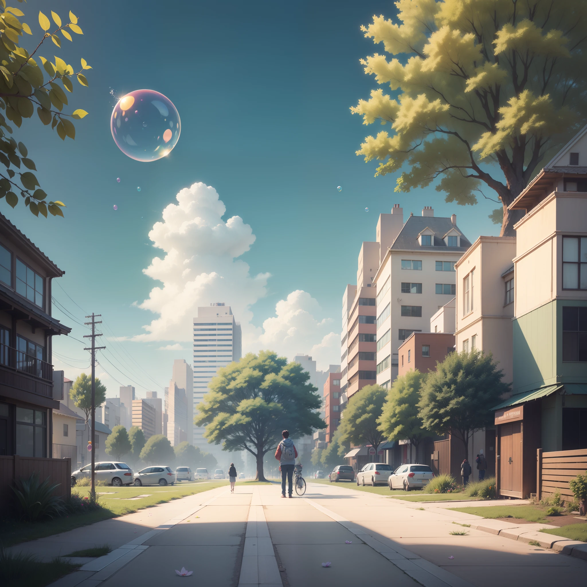 Beautiful city view in Studio Ghibli style, Obra - First Art Station, Flower beds on the sidewalk, Some trees on the sidewalk, lawns, People who are far away from observers, Silhouette of a person in the distance, Soap bubbles flutter in the foreground, Rich in images，detail-rich, Warm and warm pastel colors, Blue skies, Beautiful petals and fluttering leaves, Side lighting, Sunlight in homes and parked cars, 8K
