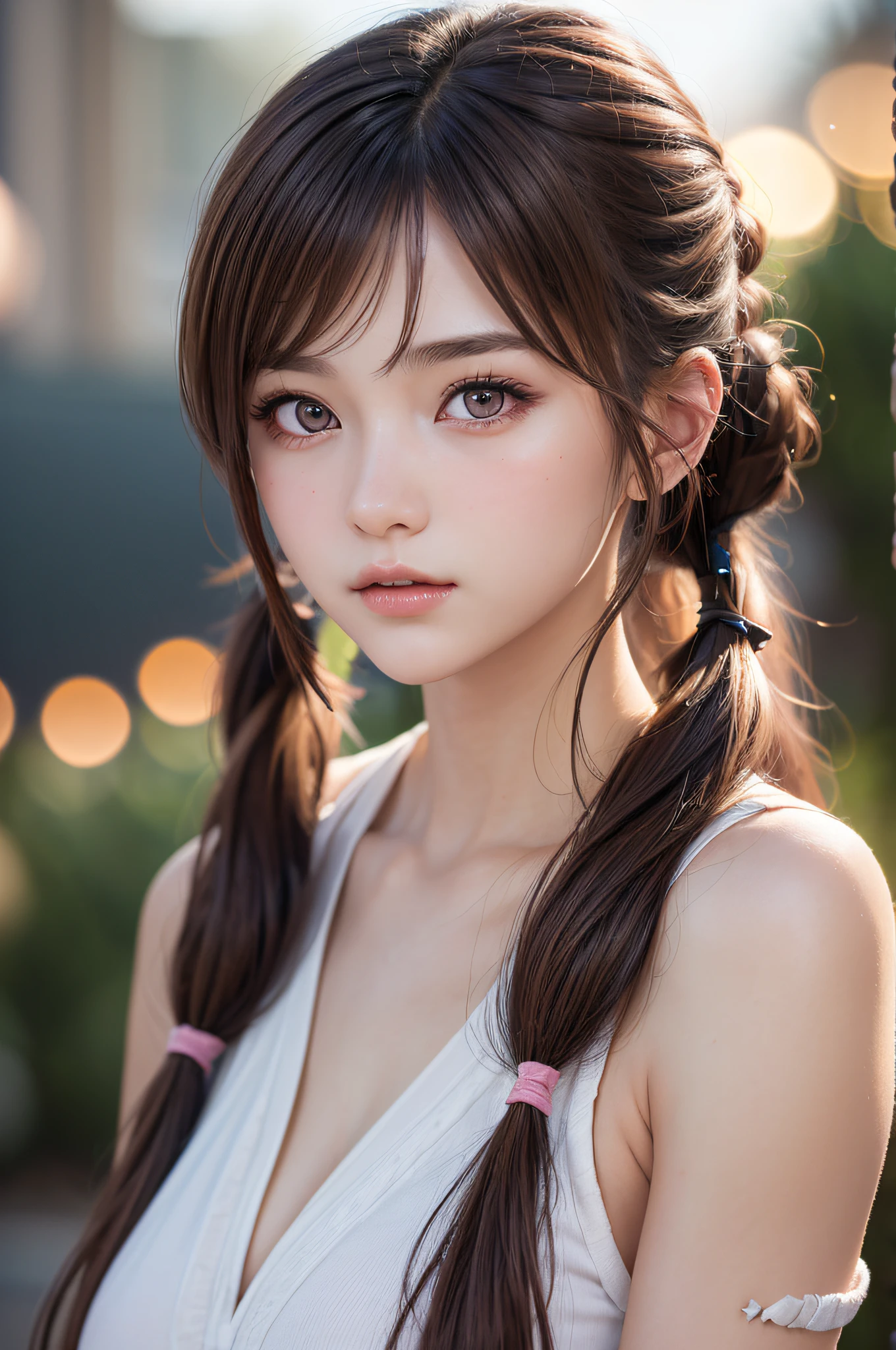 ((1girl in)), (Twintails), Brown hair, Amazing face and eyes, Pink eyes, (amazingly beautiful girl), Brown hair, ((Best Quality)), (Ultra-detailed), (extremely detailed CG unified 8k wallpaper), Highly detailed, High-definition raw color photos, Professional Photography, (((Bokeh))), depth of fields,