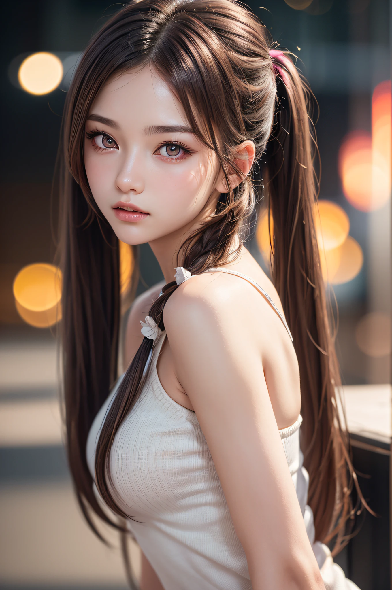 ((1girl in)), (Twintails), Brown hair, Amazing face and eyes, Pink eyes, (amazingly beautiful girl), Brown hair, ((Best Quality)), (Ultra-detailed), (extremely detailed CG unified 8k wallpaper), Highly detailed, High-definition raw color photos, Professional Photography, (((Bokeh))), depth of fields,