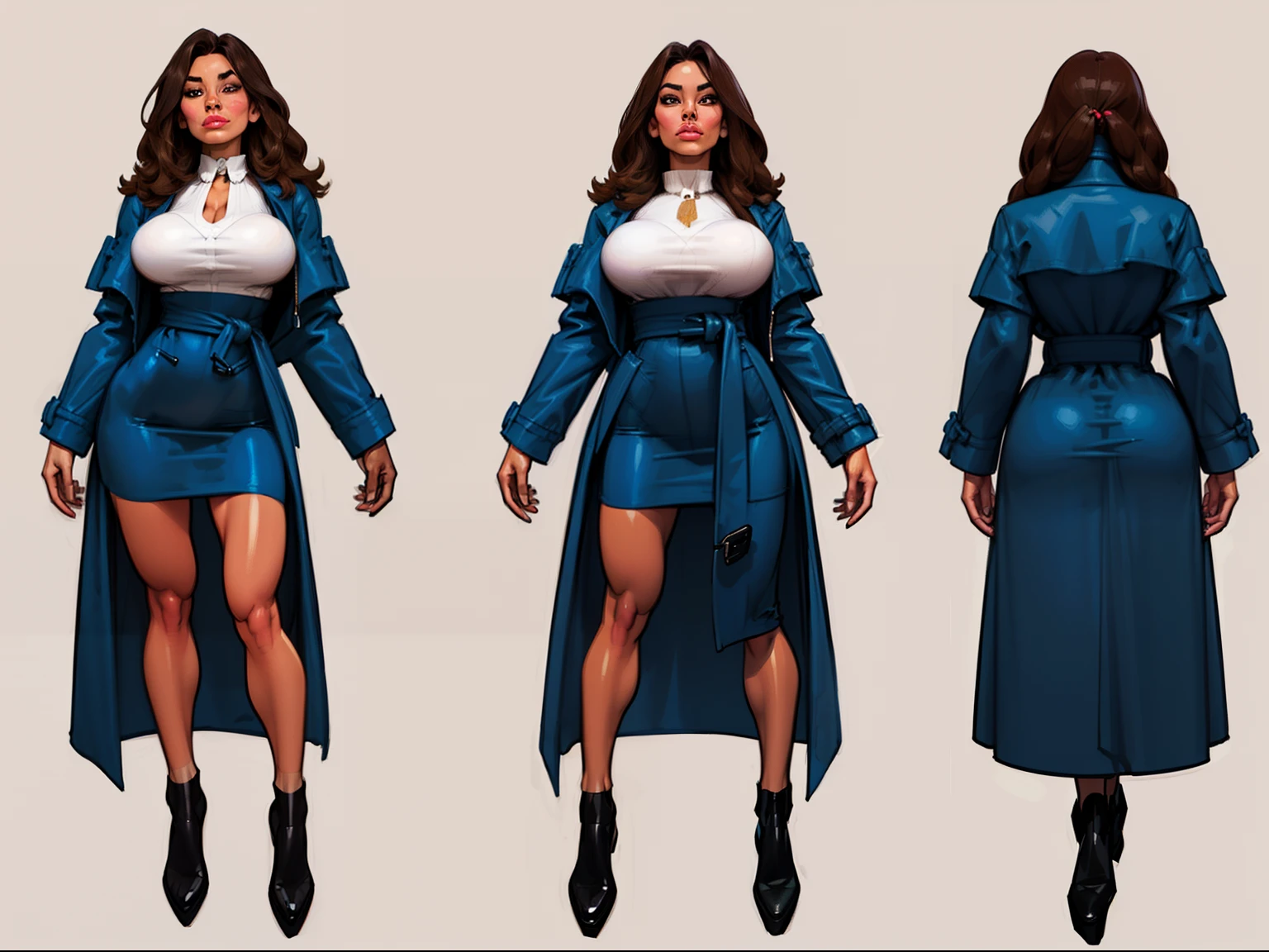 ((masterpiece)),(((best quality))),((character design sheet)), ((full body view)) ((native girl)) mature face, defined cheekbones, high cheekbones, illustration, native girl, muscular, ((detailed face:1.4)) beautiful woman, (vintage clothing:1.4), (full hair:1.6), (trench coat:1.4) (straps:1.3) , shiny skin, scribbles and marks,(puffy lips:1.4) , rough sketches, gigantic breasts, 8k,16k, (simple background, white background: 1.3) white and blue color palette, brown legs, brown arms, brown face