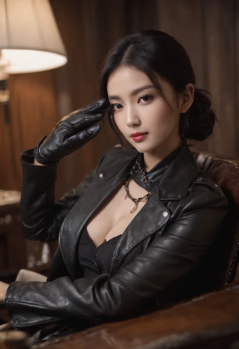 Both hands are covered with black leather gloves up to the fingertips, upper body, black leather double riders jacket, slender necklace, young and cute Japanese girl with black hair tied up beautifully, sitting on a black leather chair facing the desk in the president's room at night, aligning both hands of black leather gloves on the desk