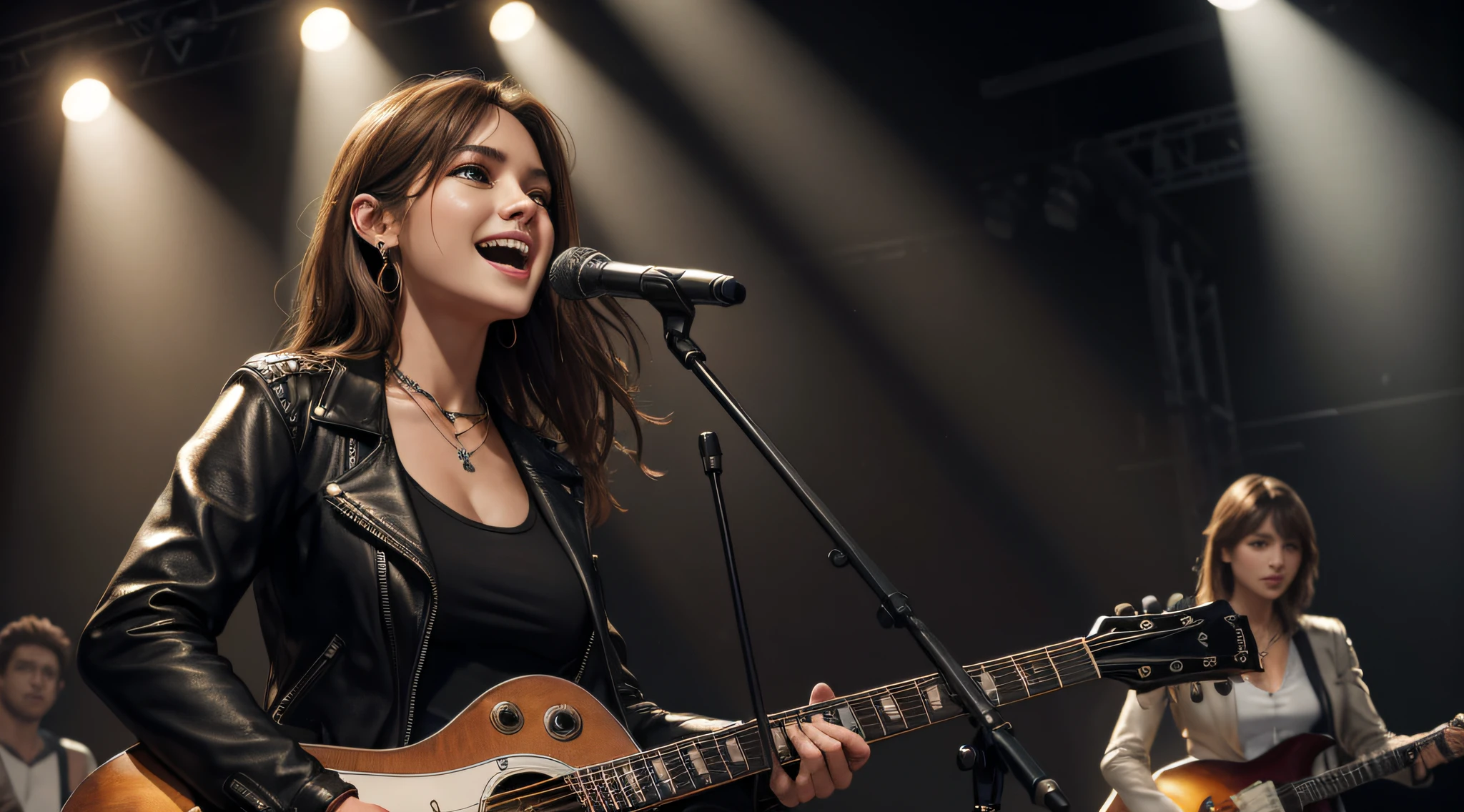 (Masterpiece:1.3, Best quality, Photorealistic, Ultra-detailed, finely detailed, high resolution, 8K wallpaper), 1 beautiful girl, Lead singer of the band group, In a leather jacket, Sing with an electric guitar, standing microphones, Mouth open, Beautiful face, Detailed face, Beautiful eyes, Detailed eyes, Smiling, Earrings, necklace, Detailed guitar, (Straight guitar neck and strings), Medium length light brown hair, be on stage, spotlight, Look at the viewer