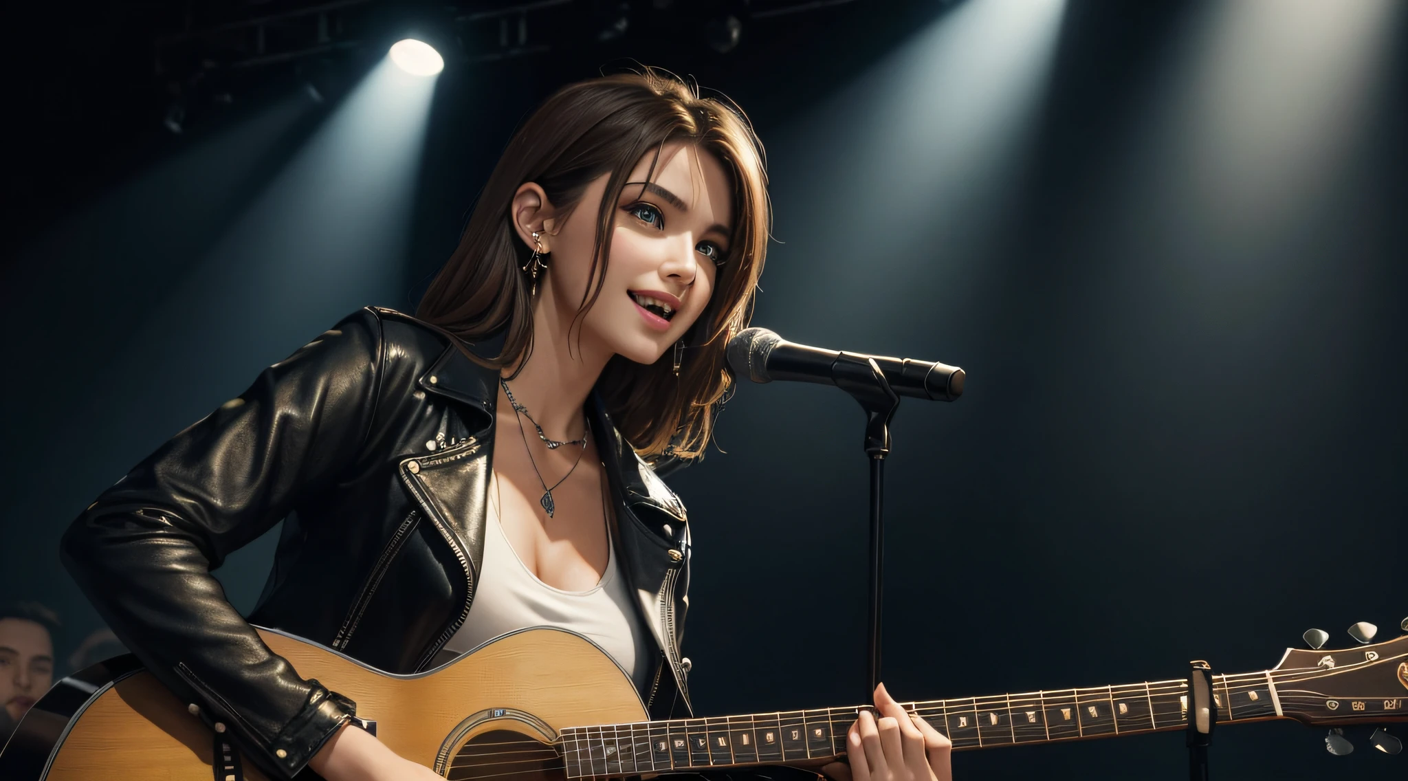 (Masterpiece:1.3, Best quality, Photorealistic, Ultra-detailed, finely detailed, high resolution, 8K wallpaper), 1 beautiful girl, Lead singer of the band group, In a leather jacket, Sing with an electric guitar, standing microphones, Mouth open, Beautiful face, Detailed face, Beautiful eyes, Detailed eyes, Smiling, Earrings, necklace, Detailed guitar, (Straight guitar neck and strings), Medium length light brown hair, be on stage, spotlight, Look at the viewer