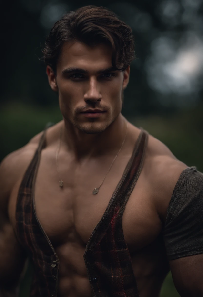 8k, masterpiece, RAW photography, best quality, photorealistic, highly detailed CG unity 8k wallpaper, depth of field, cinematic light, raw, (extremely beautiful and charismatic face, beautiful lips, beautiful eyes), intricately detailed face, (ultra detailed skin), 1 man, in nature, in deep shadows, beautiful young scottish male, (very strong and muscular body:1.3), (topless), (great determined look) :1.3), (shirtless), (highlands, dark night, starry night, blurred background), barechest, tartan kilt, black long hair