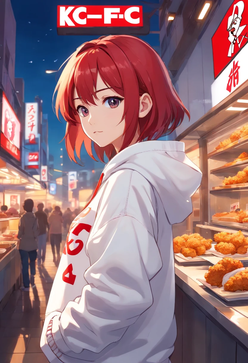 1 girl, Kentucky Fried Chicken (KFC) theme, Kentucky Fried Chicken (KFC) style, restaurant, red hair, white hoodie