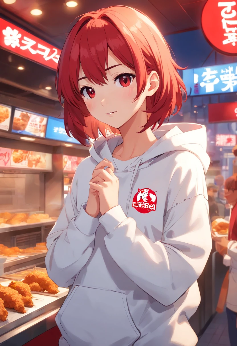 1 girl, Kentucky Fried Chicken (KFC) theme, Kentucky Fried Chicken (KFC) style, restaurant, red hair, white hoodie