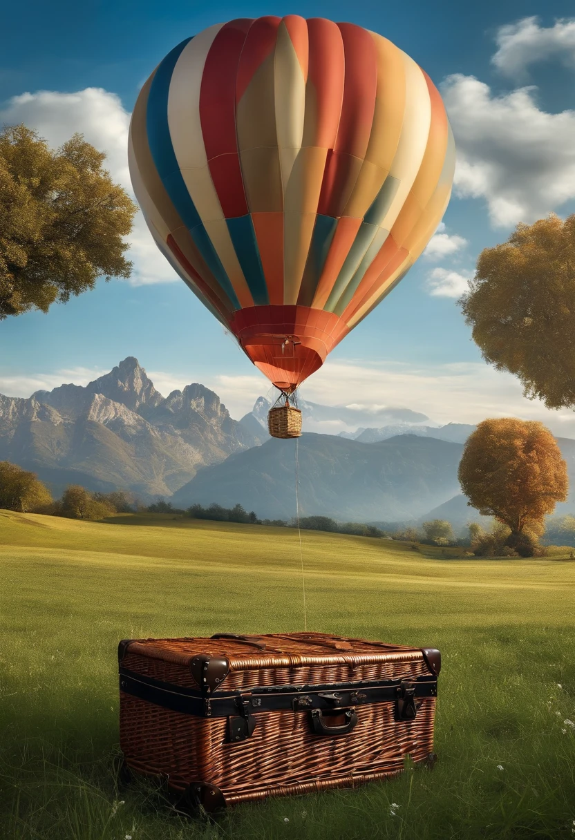 The basket under the balloon is replaced with an open suitcase ,clear blue skies,impressive landscapes,Luxury adventure,Lively atmosphere,Masterpiece,