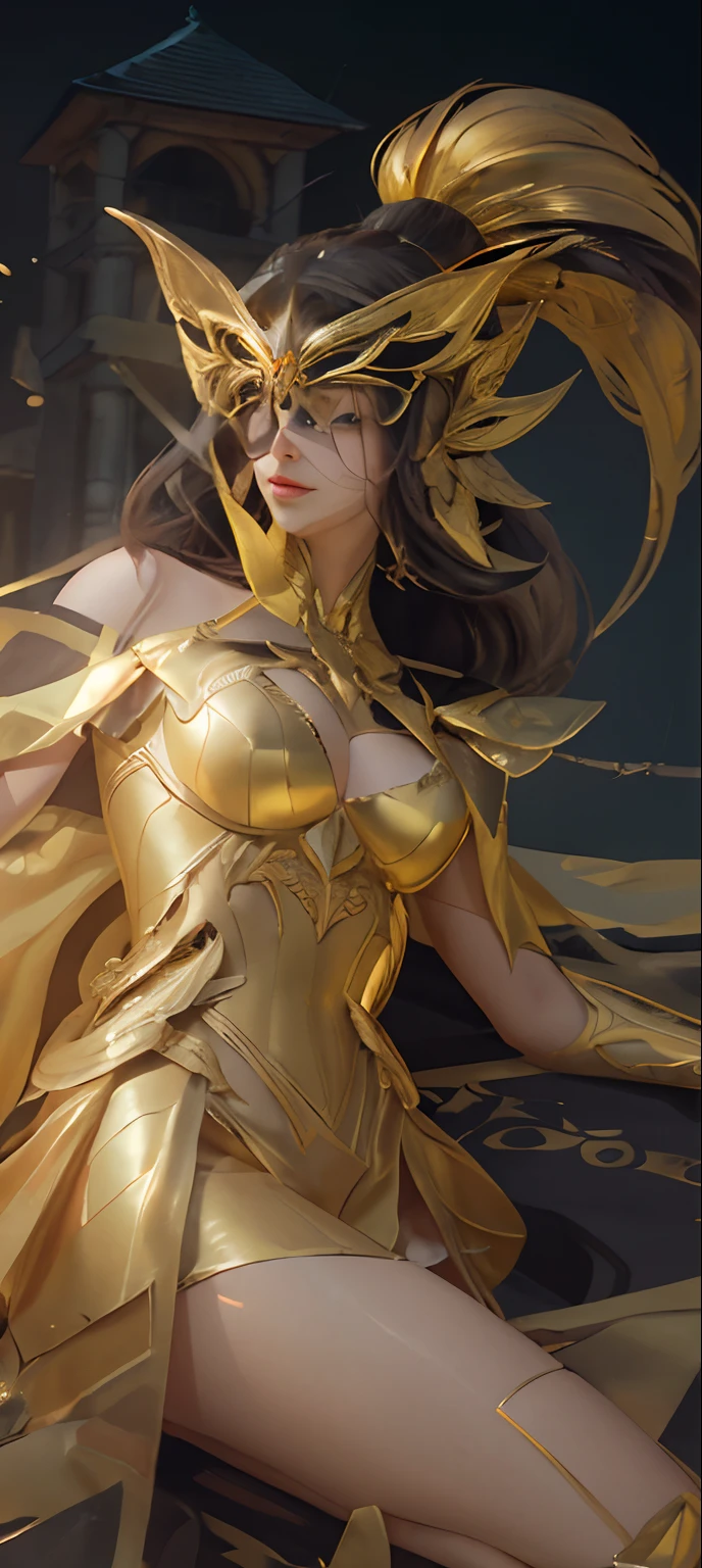 Woman in a golden dress, True Art Station, Rainstorm site, detailed fantasy art, Stunning character art, Beautiful and exquisite character art, Beautiful golden armor, Extremely detailed, Girl in shiny armor, Exquisite tiaras and jewelry, Full body capture,