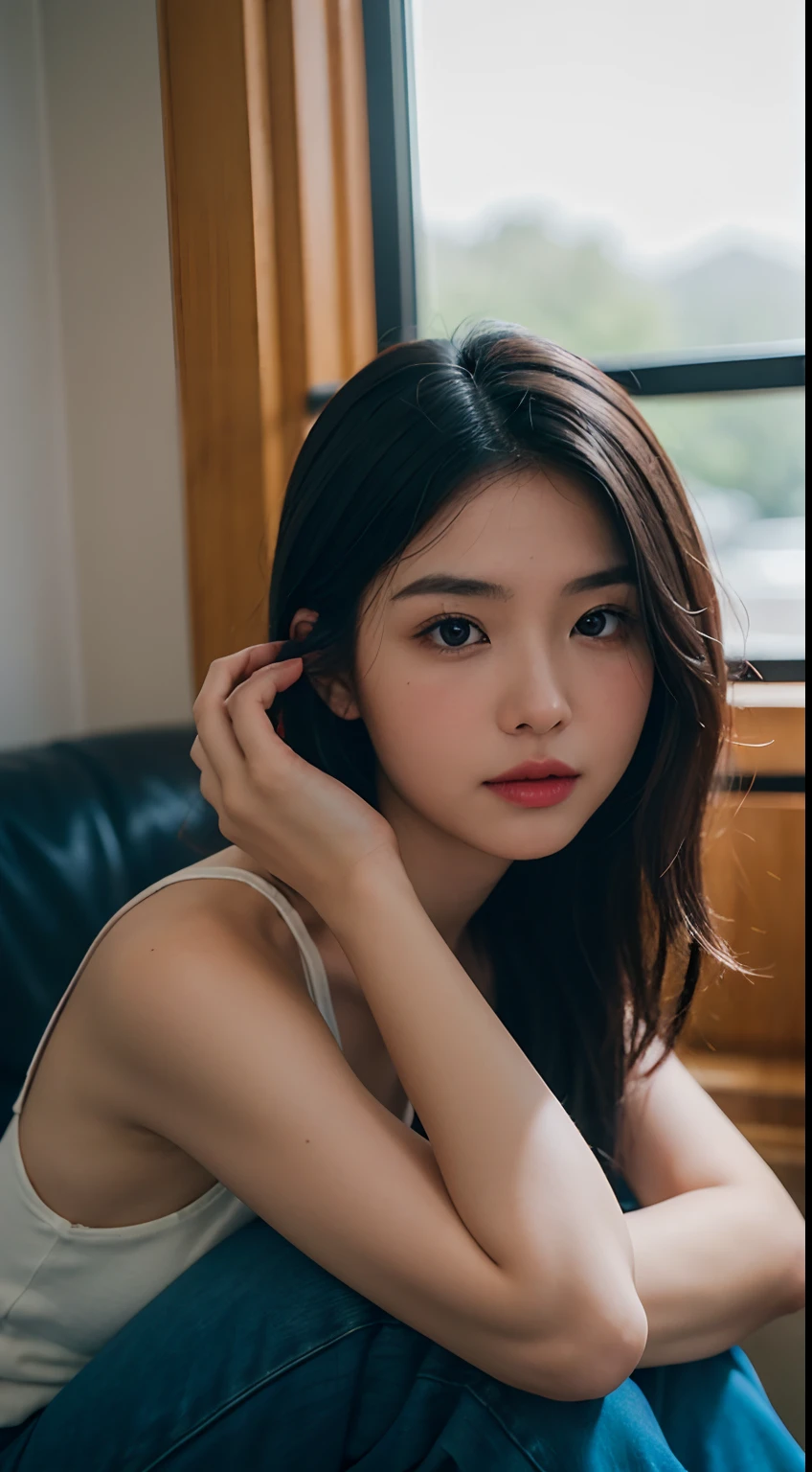 there is a woman that is sitting down with a remote, taken with canon eos 5 d mark iv, captured on canon eos r 6, a young asian woman, taken with canon eos 5 d, portrait soft low light, shot on canon eos r 5, shot on canon eos r5, taken with canon 5d mk4, taken with a canon eos 5 d