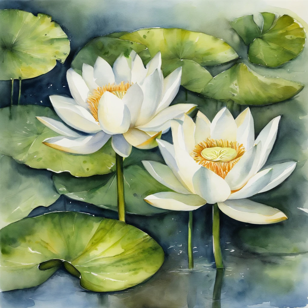 White lotus, There are green stems and leaves, On the surface of the water, ink and watercolor painting, symetry, god light, Ray tracing, hyper HD, Masterpiece, High details, Super detail, High quality, Best quality, A high resolution, 16k