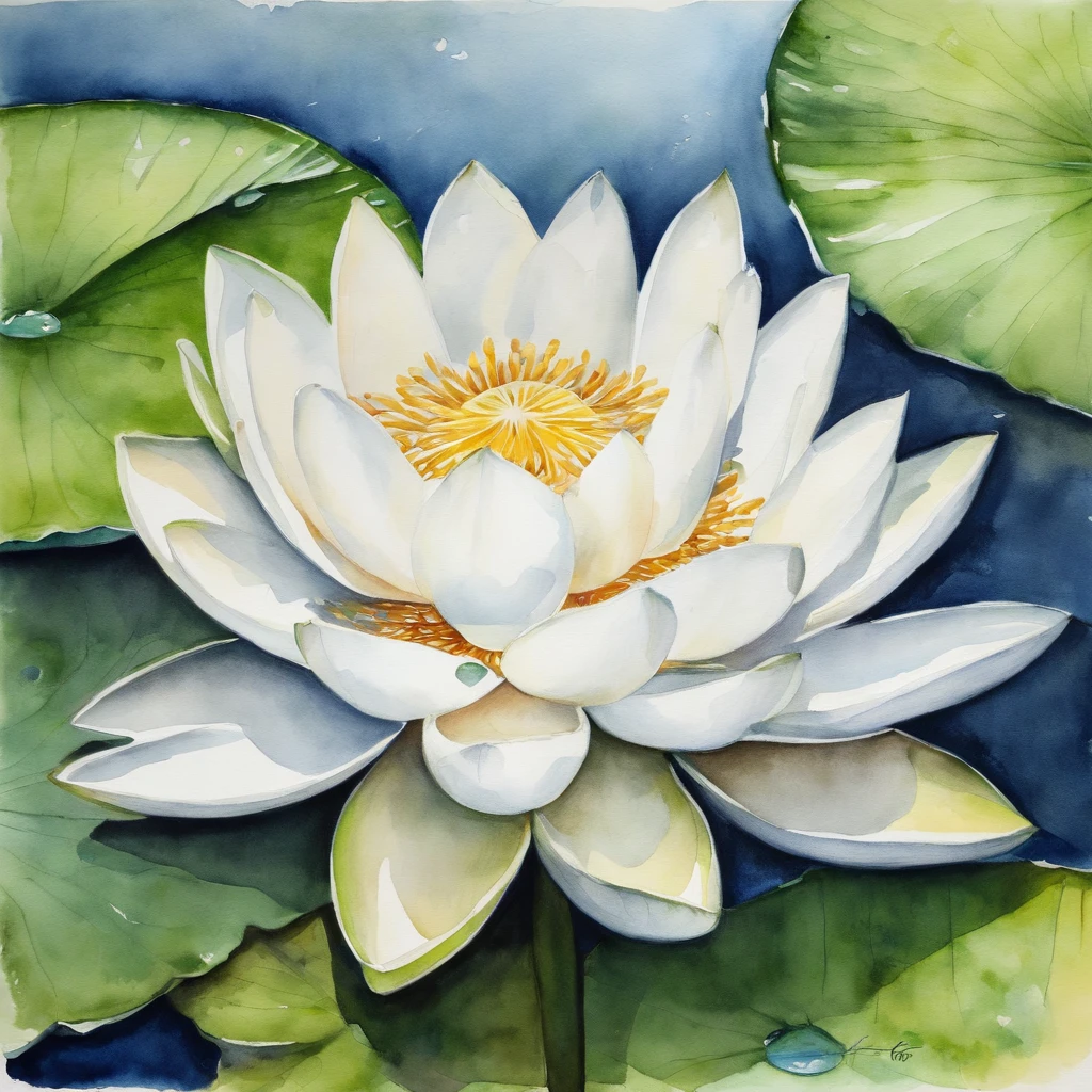 White lotus, There are green stems and leaves, On the surface of the water, ink and watercolor painting, symetry, god light, Ray tracing, hyper HD, Masterpiece, High details, Super detail, High quality, Best quality, A high resolution, 16k