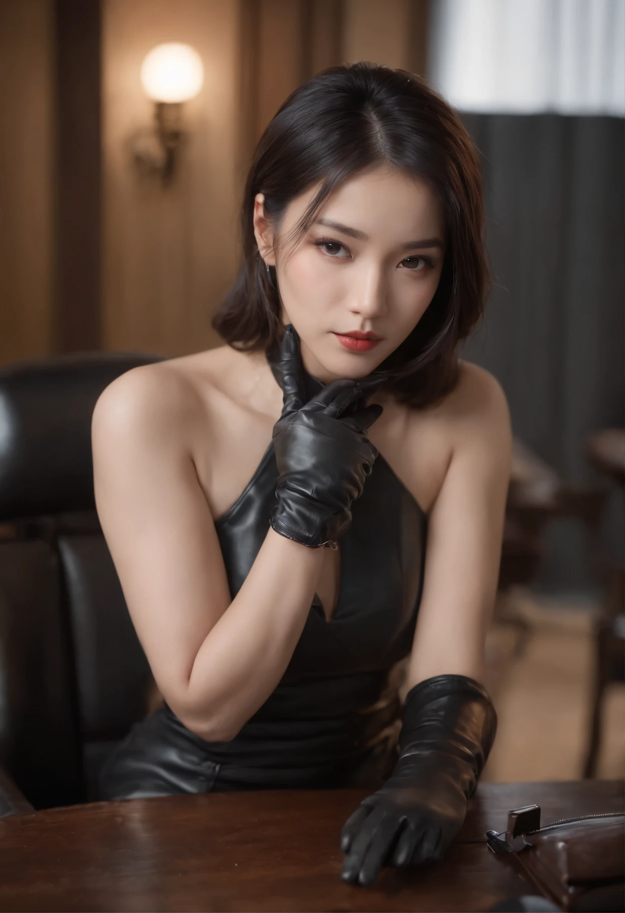 Both hands are covered with black leather gloves up to the fingertips, upper body, black leather double riders jacket, slender necklace, young and cute Japanese girl with black hair tied up beautifully, sitting on a black leather chair facing the desk in the president's room at night, aligning both hands of black leather gloves on the desk