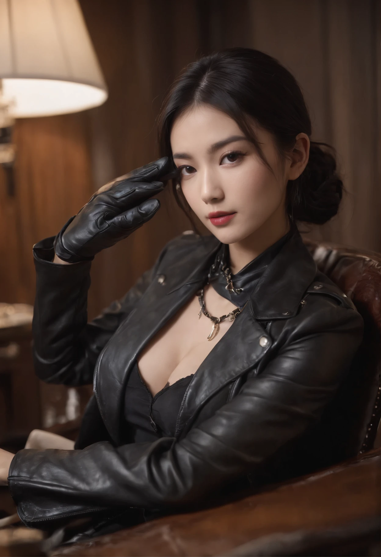 Both hands are covered with black leather gloves up to the fingertips, upper body, black leather double riders jacket, slender necklace, young and cute Japanese girl with black hair tied up beautifully, sitting on a black leather chair facing the desk in the president's room at night, aligning both hands of black leather gloves on the desk
