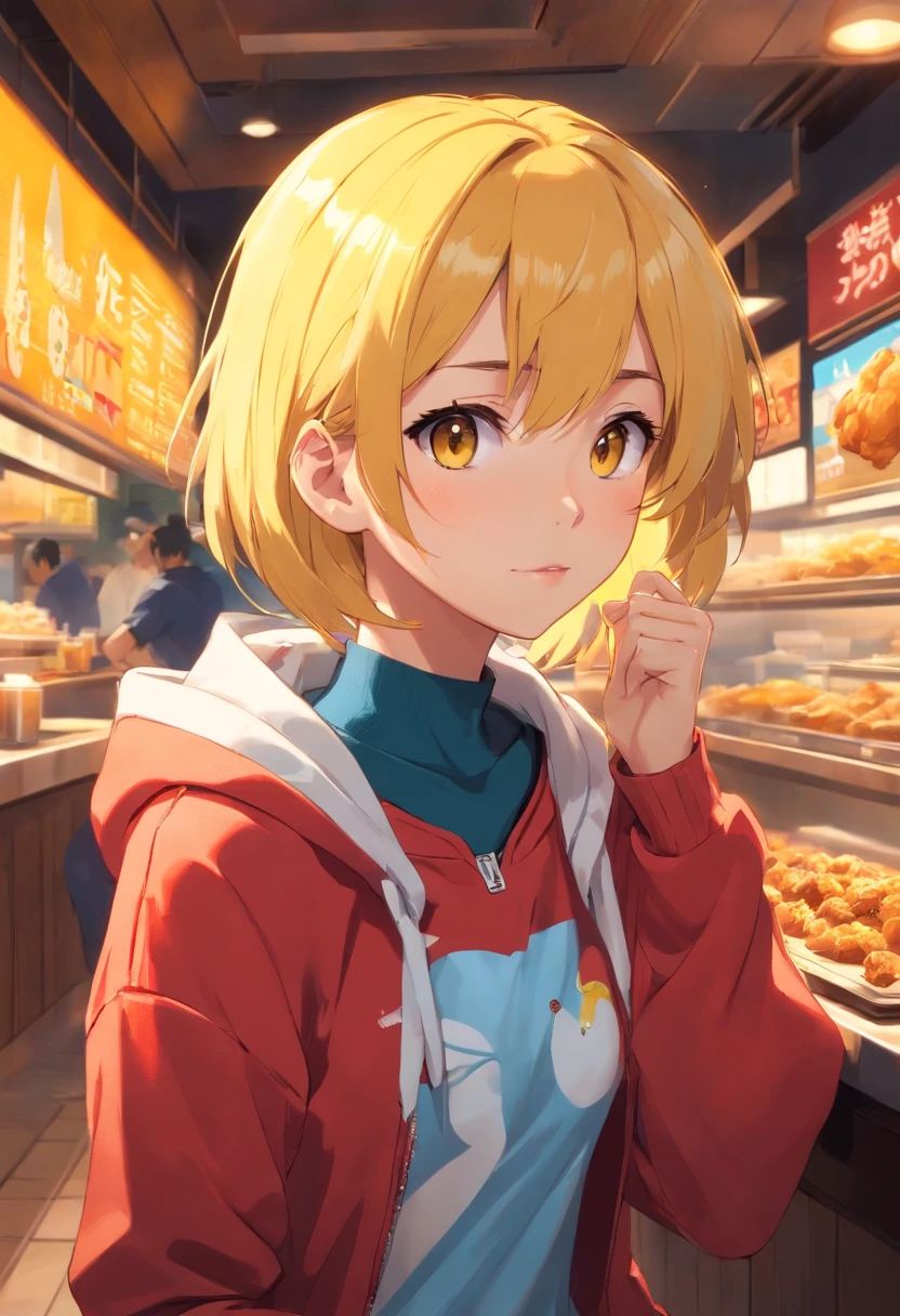 1 girl, Texas Chicken Restaurant theme, Texas Chicken Restaurant style, restaurant, yellow hair, red hoodie with blue